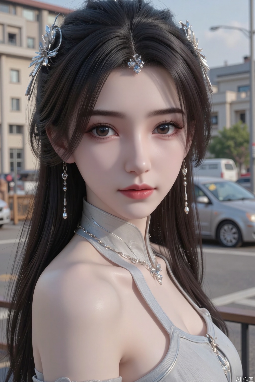 Masterpiece, highest quality, high quality, small breasts, (black hair: 1.4), (long legs: 1.3, (legs: 1.4),(full body:1.1),(full body:1.1), a asian woman, sexy long hair, charming and seductive temperament, distant close-up, golden ratio, movie texture, minimalism, high-end feeling, strong contrast between cold and warm, outdoor scenes, 