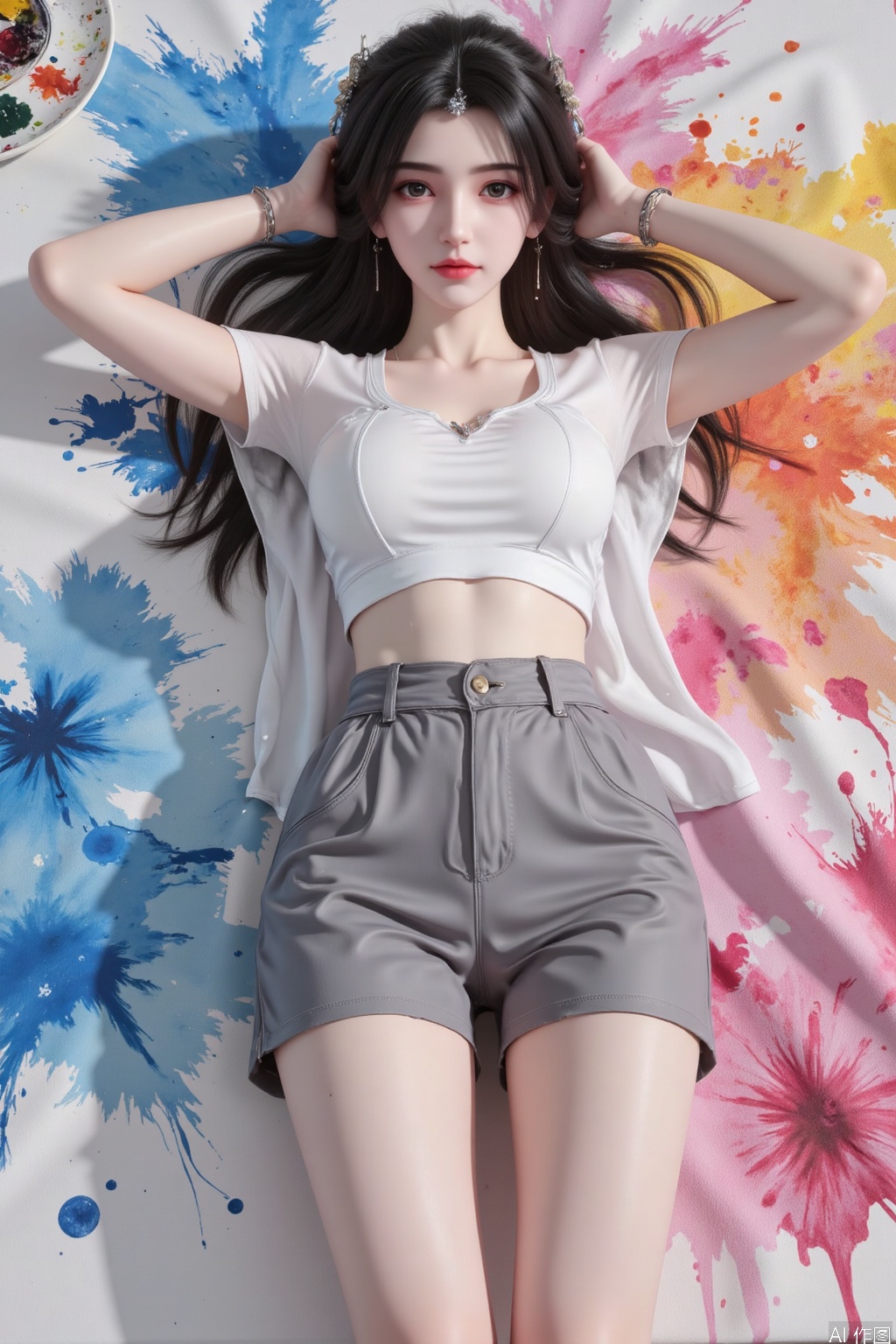 Masterpiece, highest quality, high quality, small breasts, (black hair: 1.4), (long legs: 1.3, (legs: 1.4),(full body:1.1),(Vivid Colors:1.1),cinematic_lighting,reality_ray_tracing,stunning colors,1girl,solo,grey yoga pants,(full body):1.3,young,(glamor:1.1),(model:1.1),(shiny skin:1.2),very long hair,curly hair,alternate hairstyle,alternate hair length,slim legs,bright,pupils,(elastic Breasts:1.2),(Round Breasts:1.2),uplifted breasts,teardrop-shaped breasts,droplet-shaped Breasts,Full and firm bosom,taut bosom,(the clothes covered her breasts:1.2),(lying down:1.3),vibrant colors,(paint splatters:1.1),seductive gaze,(alluring pose:1.1),(lying on the painting:1.2),(crop top:1.2),(simple_background:1.2),(multicolored_background:1.1),(splatted pigment:1.2),(cutoffs:1.2),(aerial photography:1.3),(close up:1.3),(short PU jacket:1.2),(palette:1.1),(flowing watercolor pigments:1.2),(graffiti:1.2),applying_makeup,(bare feet:1.3),(lying on a huge watercolor painting:1.3),(looking at the ceiling:1.2),(lie face up:1.3),(colorful interior t-shirt:1.1),(shoot directly above her:1.2),(a large amount of paint poured onto clothes:1.2),facing the camera,(facial alignment:1.2)