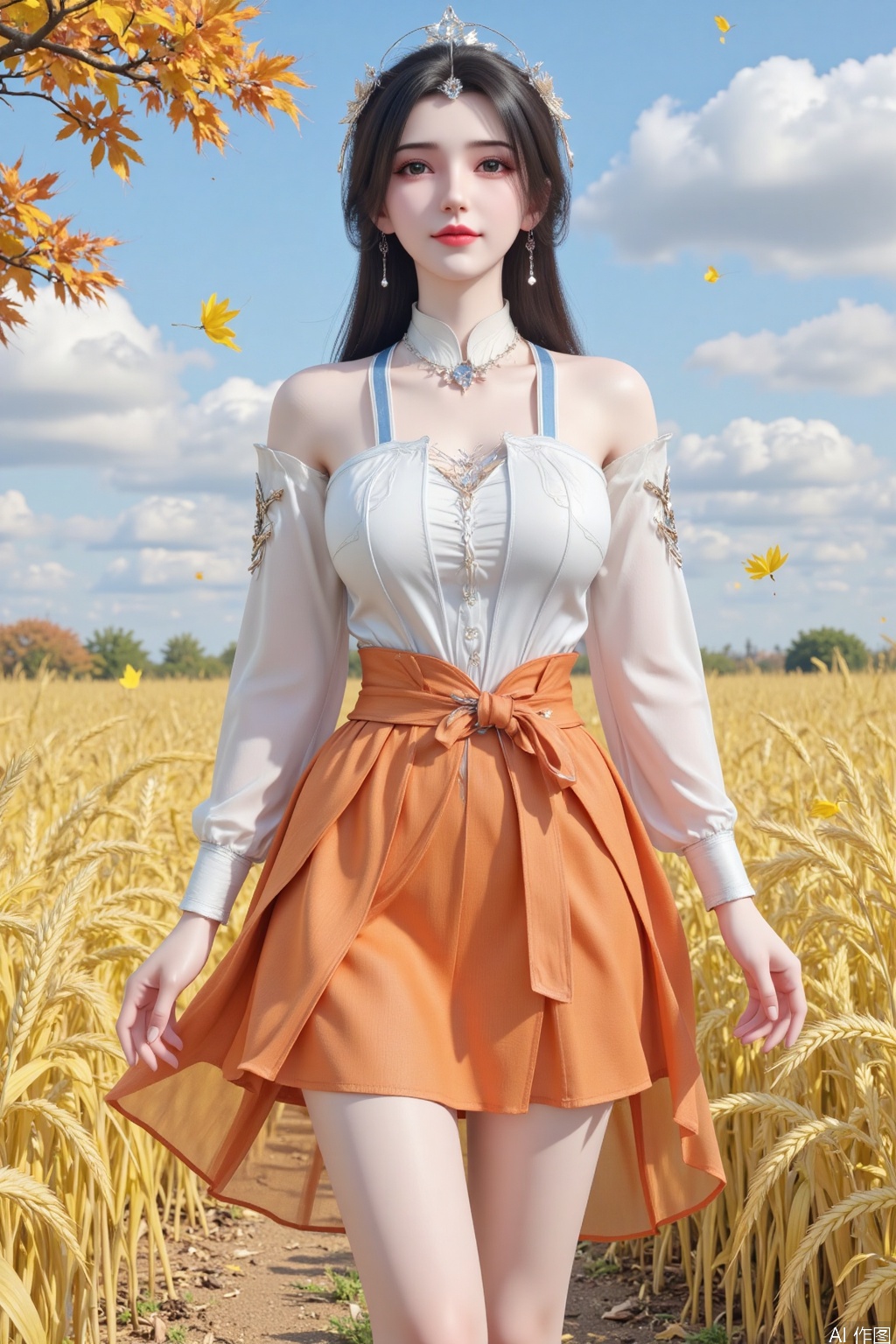 Masterpiece, the best quality, high quality, (colorful) , big breasts,,(black hair:1.4),(long legs:1.3),  1 girl, brown hair, wearing an orange skirt, face to the blue sky, eyes closed, smiling, surrounded by yellow wheat fields, yellow ginkgo floating in the sky, white clouds floating in the blue sky, cartoon style, high quality, high resolution, look up, three-ee point oint perspective, the deep knee