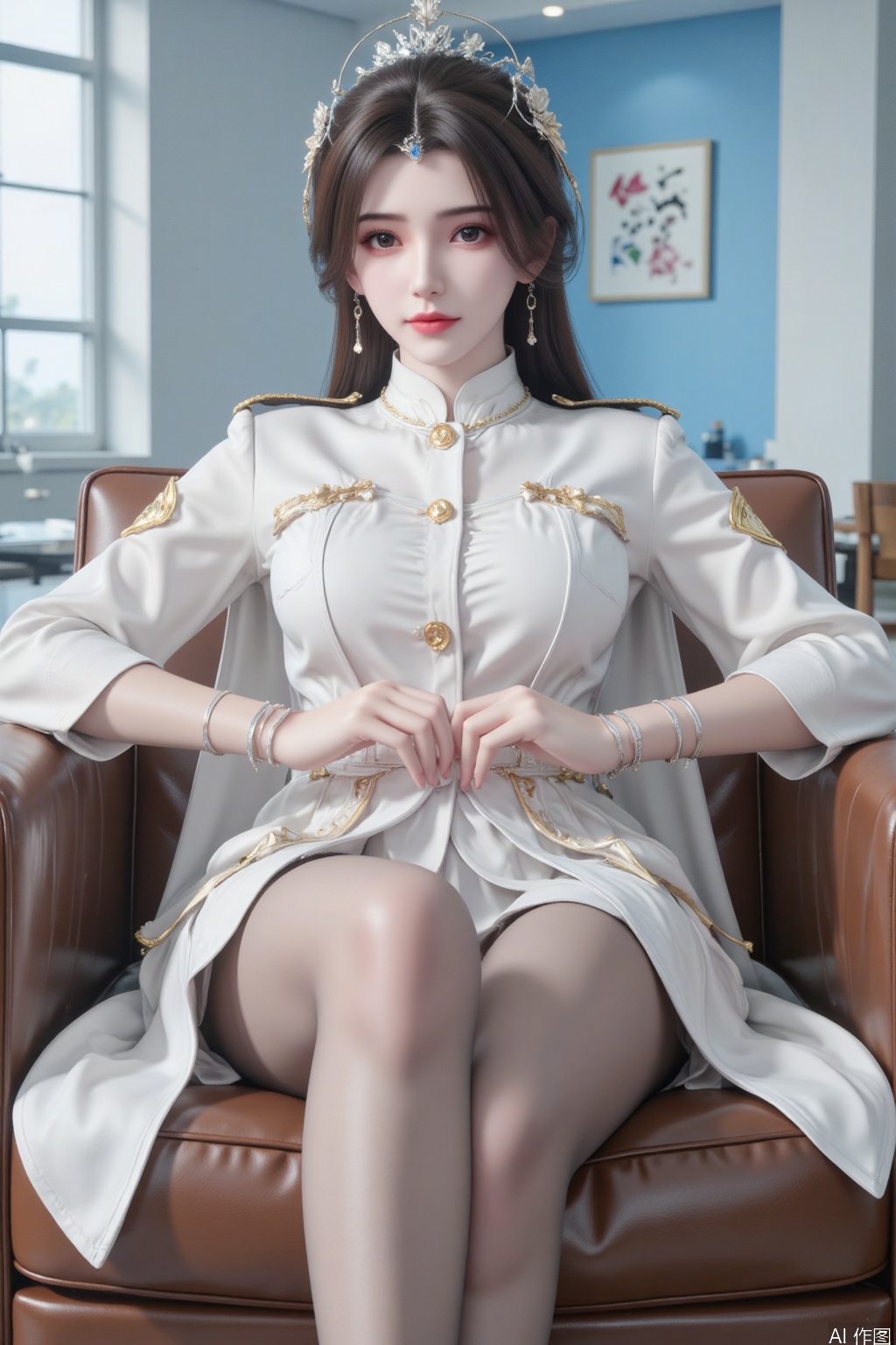 masterpiece,best quality,high quality,loli,chromatic_aberration,Light Blue Theme,long legs ,thin legs
a young woman with light skin and straight brown hair,rocking a white military-style coat with gold buttons. She's chilling in a brown leather armchair,legs crossed and flaunting her shiny,sheer pantyhose and bare feet,Her expression is calm and a bit cheeky,with a hint of a grin. The setting is a bright,modern room with big windows and a clean,minimalist vibe. The whole scene is sharp and detailed,with a focus on textures and reflections,giving it a realistic yet stylized look.