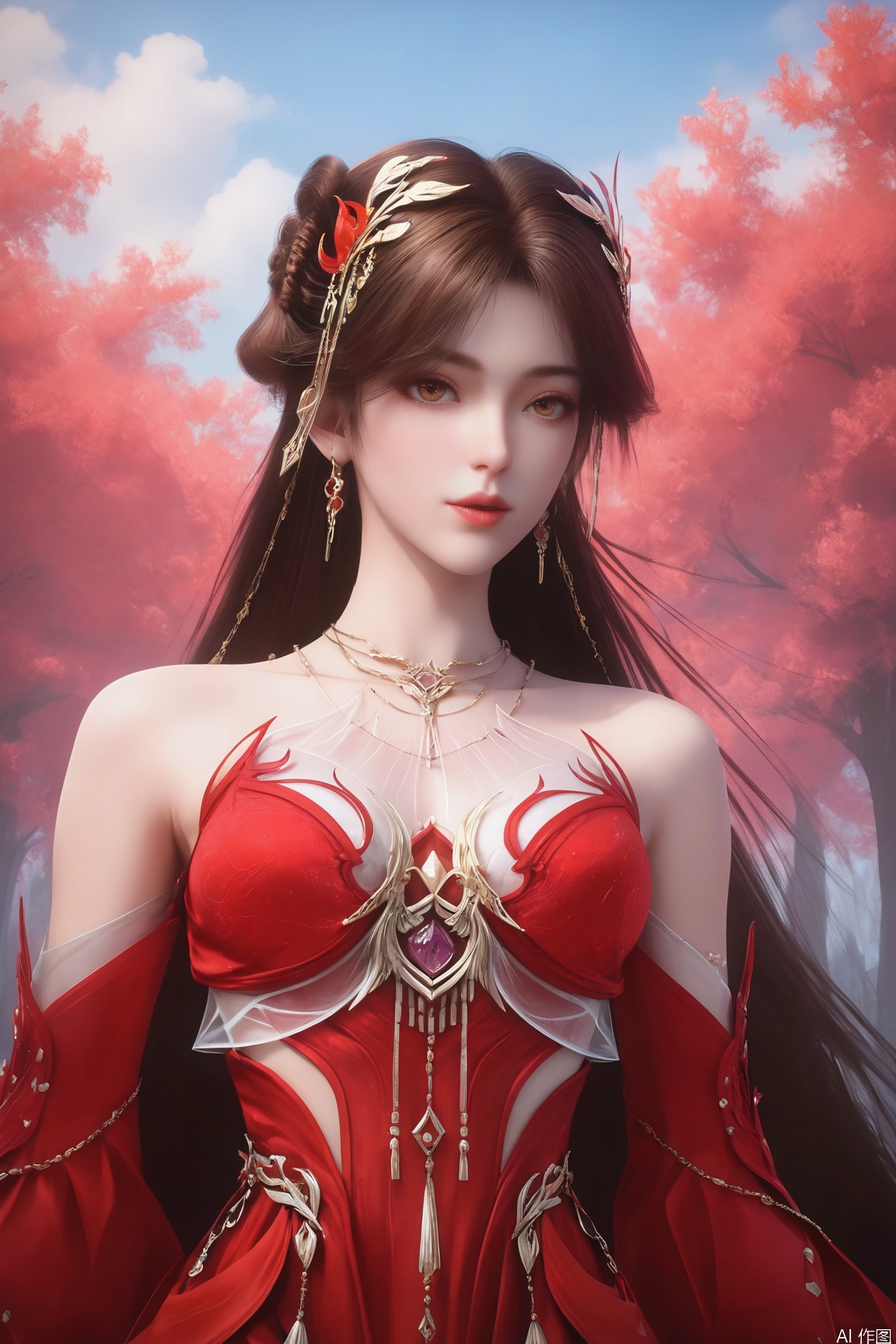 score_9_up,score_8_up,score_7_up,(Masterpiece, Best Quality, High Resolution, 8K Raw),absurdres, highres, Expressiveh,illustration,CG,
1girl, solo, long hair, brown hair, hair ornament, dress, bare shoulders, jewelry, upper body, earrings, sky, blue sky, red dress