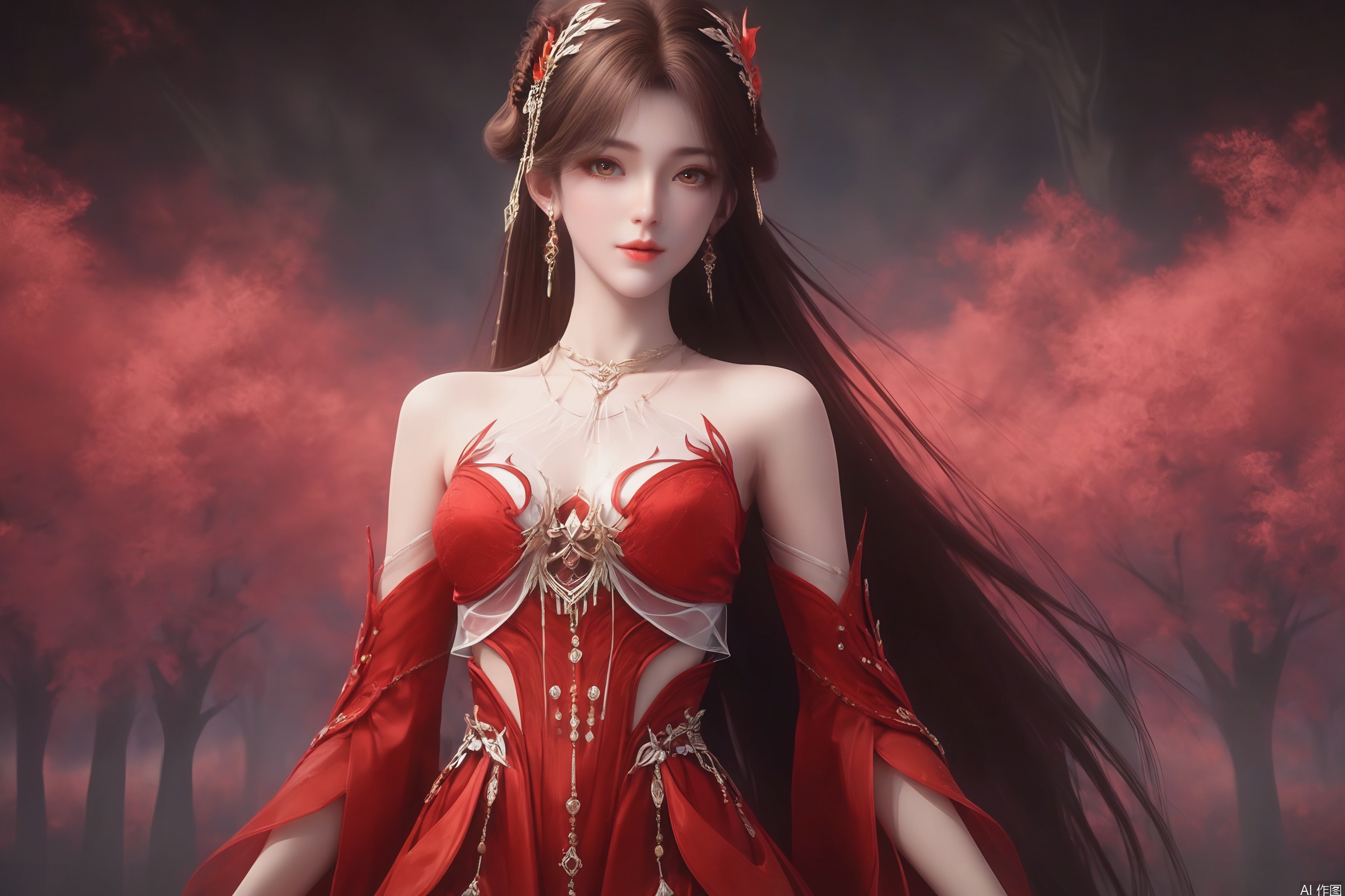 score_9_up,score_8_up,score_7_up,(Masterpiece, Best Quality, High Resolution, 8K Raw),absurdres, highres, Expressiveh,illustration,CG,
1girl, solo, long hair, brown hair, hair ornament, dress, bare shoulders, brown eyes, jewelry, upper body, earrings, from side, red dress, railing