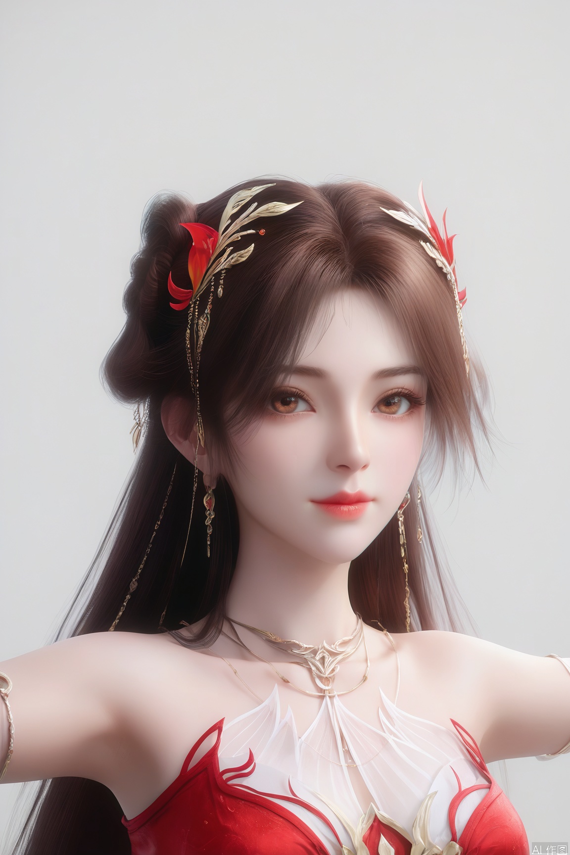 score_9_up,score_8_up,score_7_up,(Masterpiece, Best Quality, High Resolution, 8K Raw),absurdres, highres, Expressiveh,illustration,CG,
1girl, solo, long hair, looking at viewer, brown hair, hair ornament, dress, bare shoulders, brown eyes, jewelry, closed mouth, upper body, earrings, grey background, necklace, strapless, red dress, outstretched arms, realistic