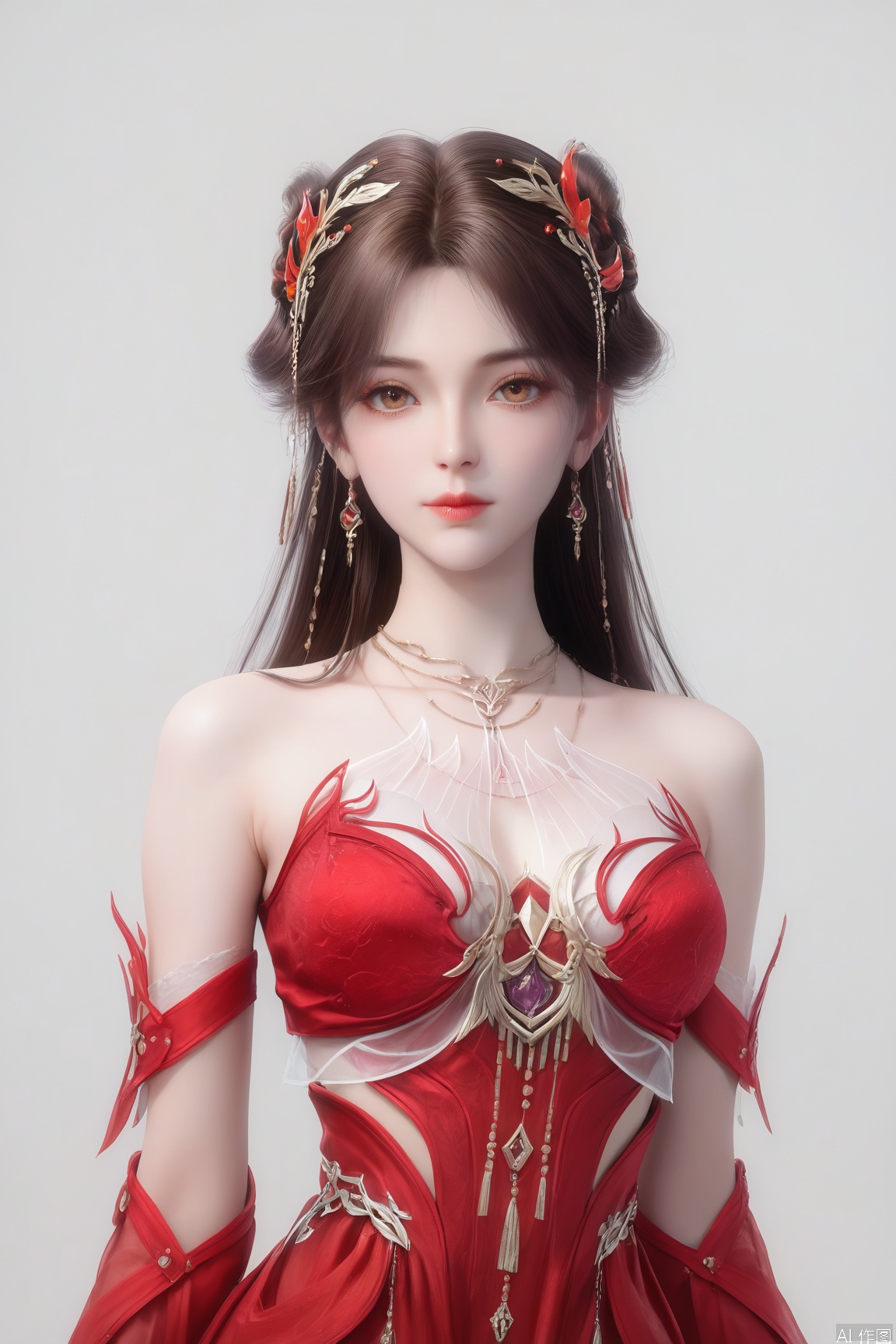 score_9_up,score_8_up,score_7_up,(Masterpiece, Best Quality, High Resolution, 8K Raw),absurdres, highres, Expressiveh,illustration,CG,
1girl, solo, long hair, looking at viewer, brown hair, hair ornament, dress, bare shoulders, brown eyes, jewelry, closed mouth, upper body, earrings, grey background, necklace, strapless, red dress, realistic