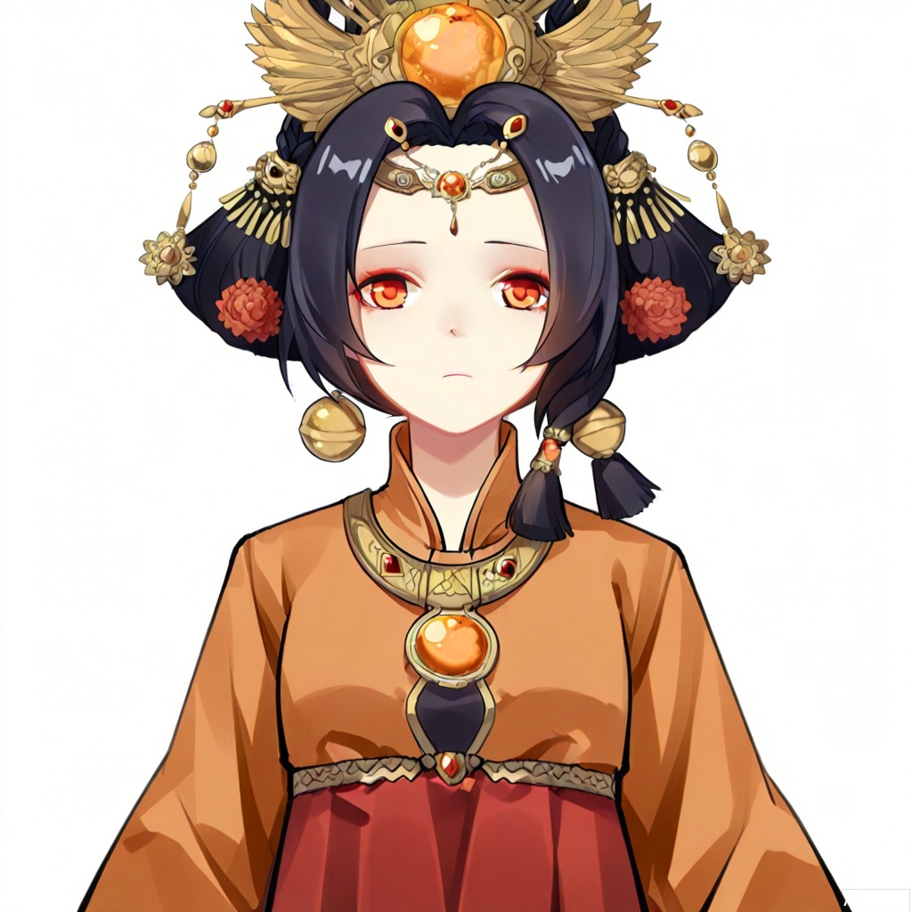 masterpiece, best quality,solo,(white background:1.2),simple background,
looking at viewer,jilin,manga_style,black hair,hair ornament,jewelry,red eyes,long hair,short hair,orange eyes,braid