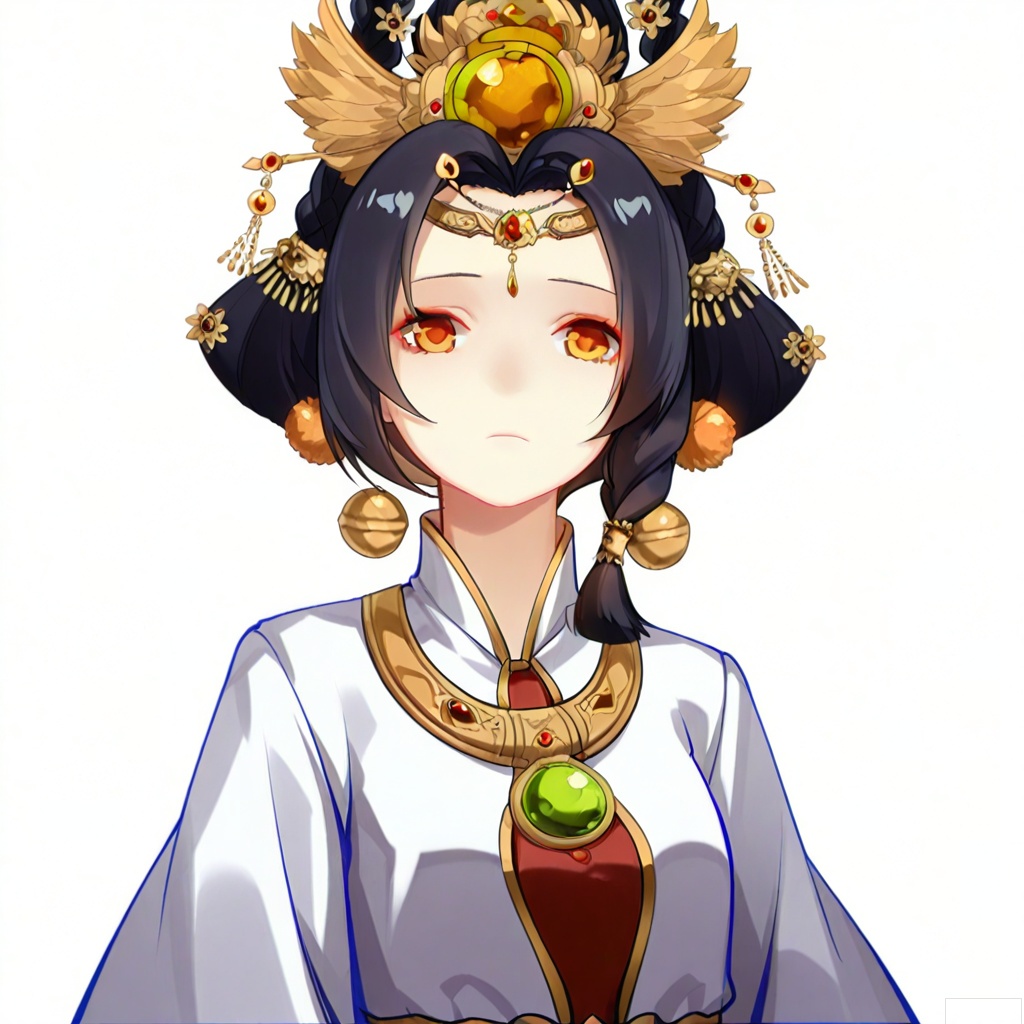 masterpiece, best quality,solo,(white background:1.2),simple background,
looking at viewer,jilin,manga_style,black hair,hair ornament,jewelry,red eyes,long hair,short hair,orange eyes,braid