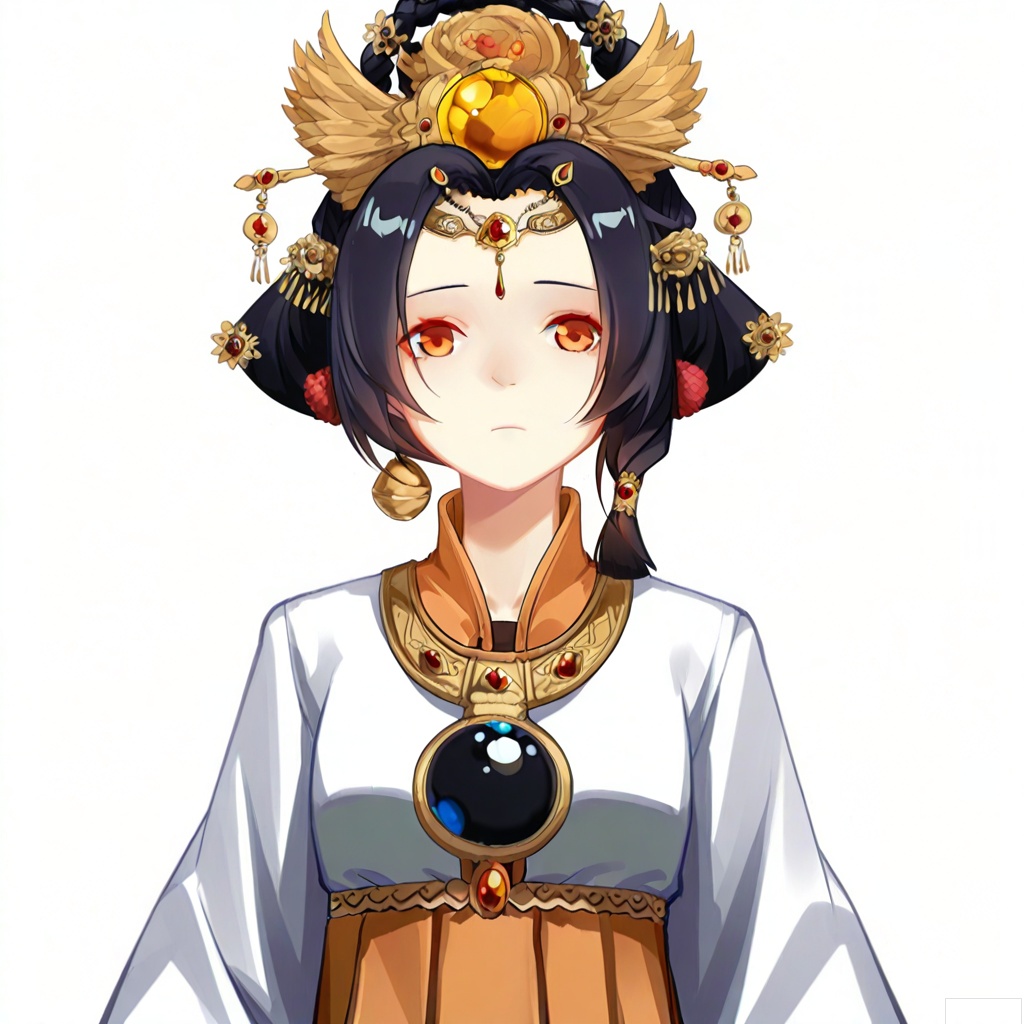 masterpiece, best quality,solo,(white background:1.2),simple background,
looking at viewer,jilin,manga_style,black hair,hair ornament,jewelry,red eyes,long hair,short hair,orange eyes,braid