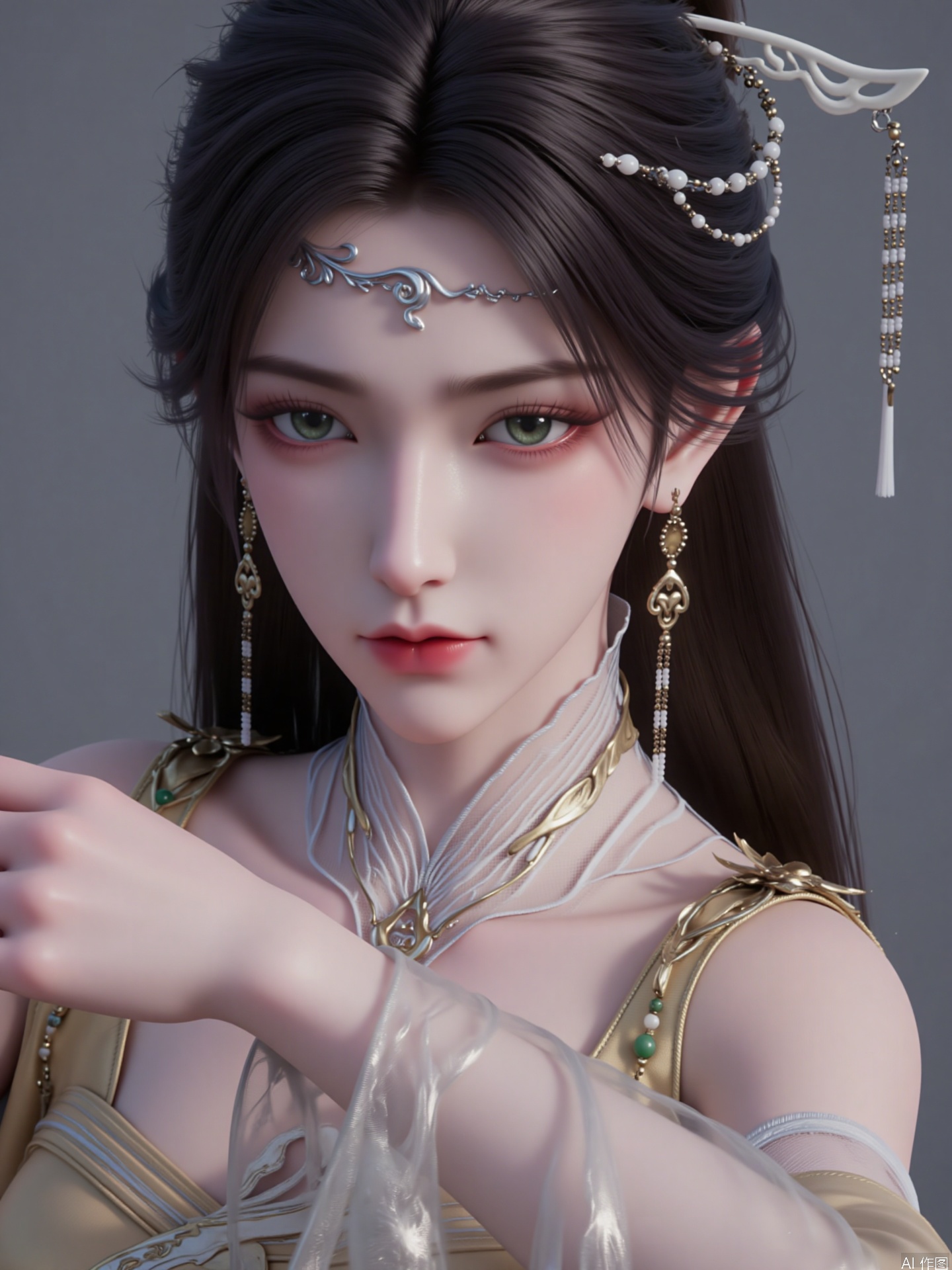 1girl, solo, long hair, looking at viewer, brown hair, black hair, hair ornament, dress, bare shoulders, jewelry, closed mouth, green eyes, upper body, earrings, blurry, blurry background, realistic