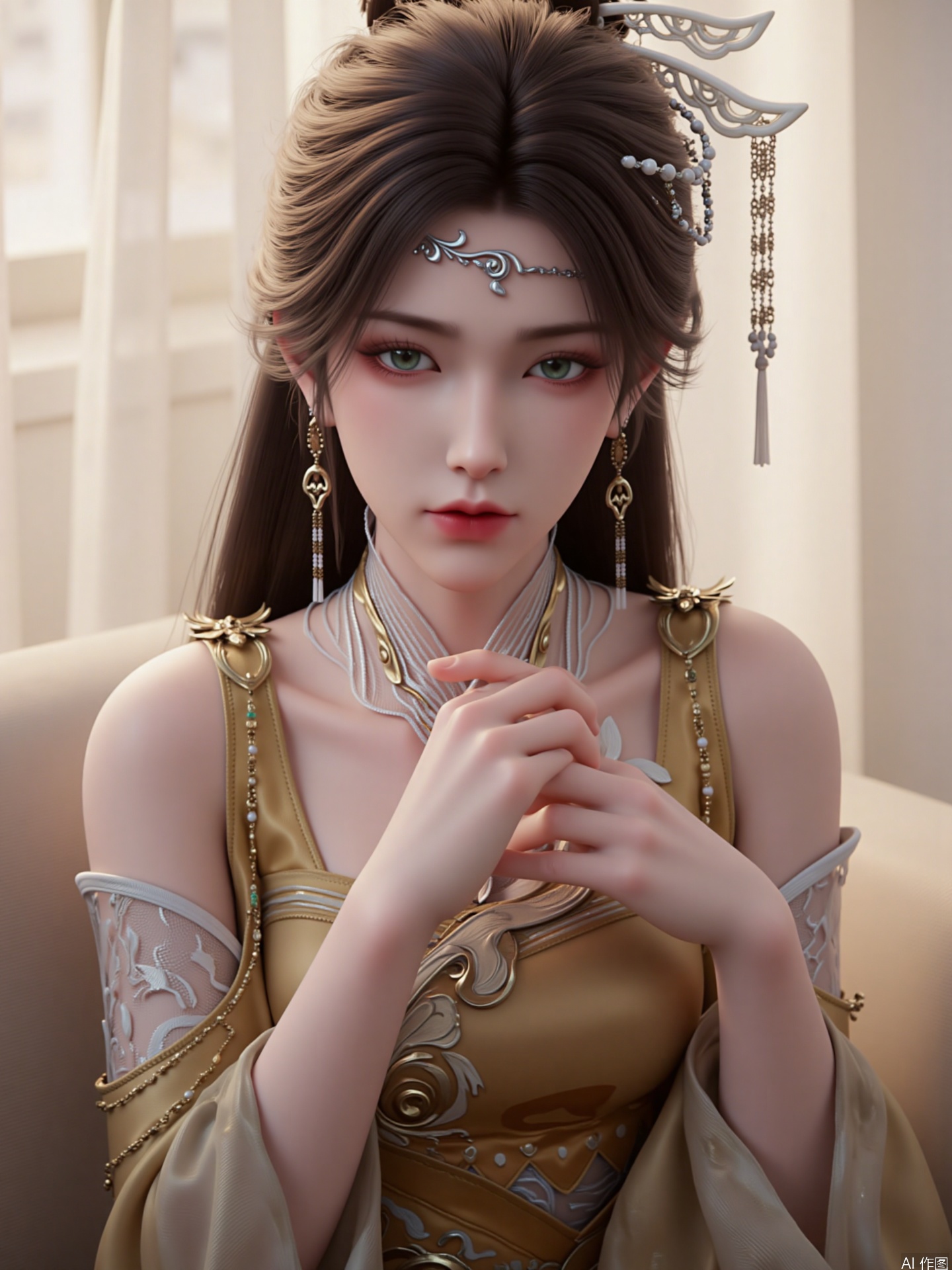 1girl, solo, long hair, looking at viewer, brown hair, black hair, hair ornament, dress, bare shoulders, jewelry, closed mouth, green eyes, upper body, earrings, realistic

Indoor, sitting, sofa, sunny, bright, best quality, exquisite face, wallpaper