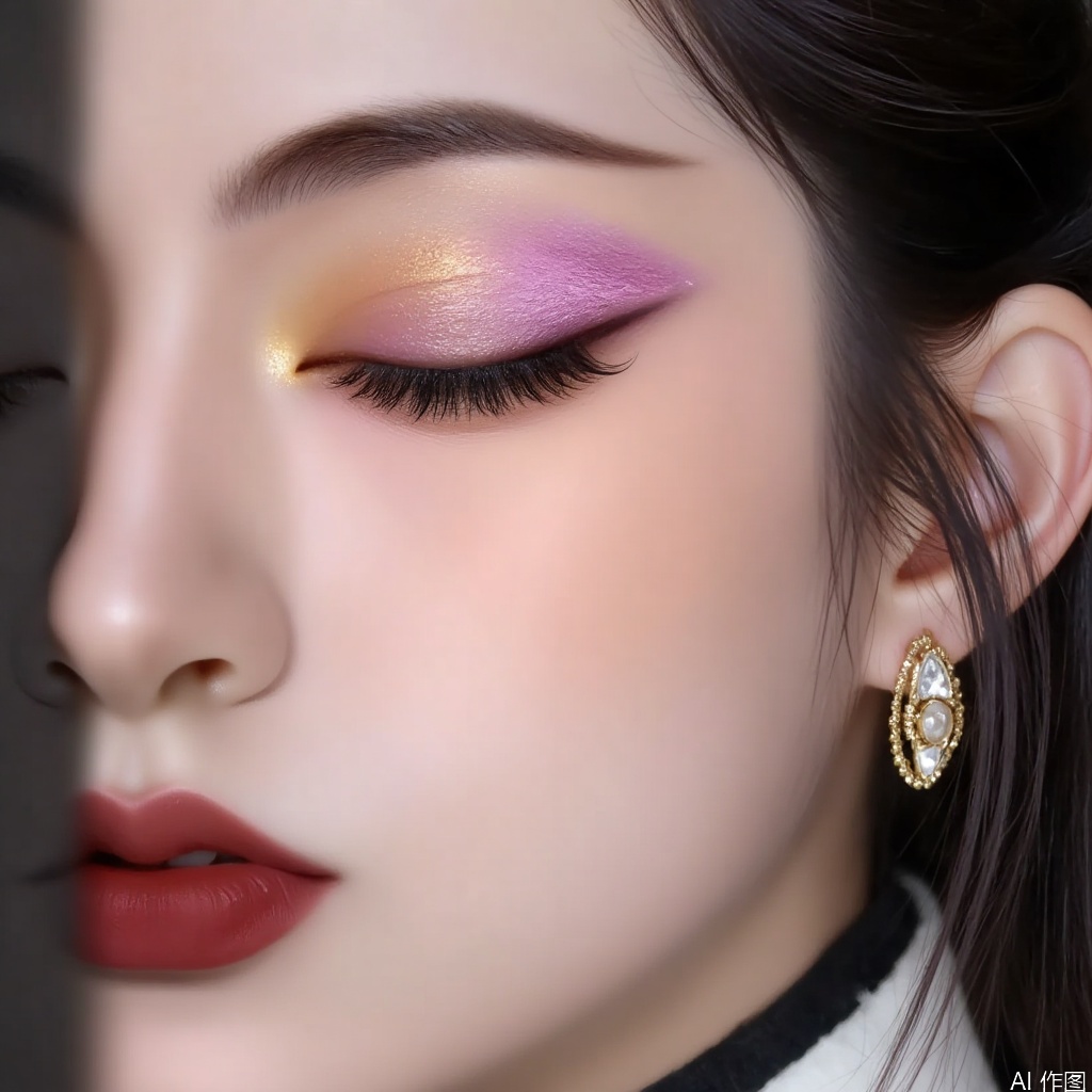 Close up of the face. Half a face. Creative makeup with ancient style, slender eyebrows raised, and blurred eye makeup. Glowing eye shadow. Eyelashes.,Beauty and Makeup