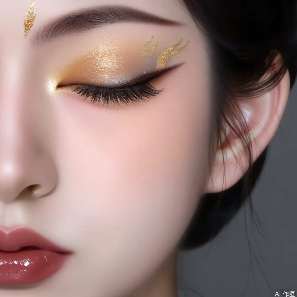 Close up of the face. Half a face. Creative makeup with ancient style, slender eyebrows raised, and blurred eye makeup. Glowing eye shadow. Eyelashes.,Beauty and Makeup