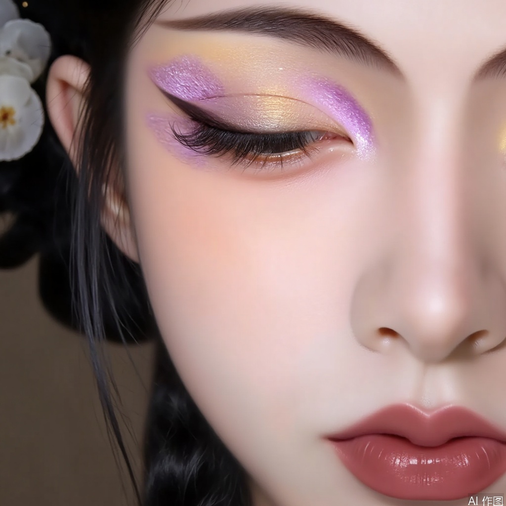 Close up of the face. Half a face. Creative makeup with ancient style, slender eyebrows raised, and blurred eye makeup. Glowing eye shadow. Eyelashes.,Beauty and Makeup