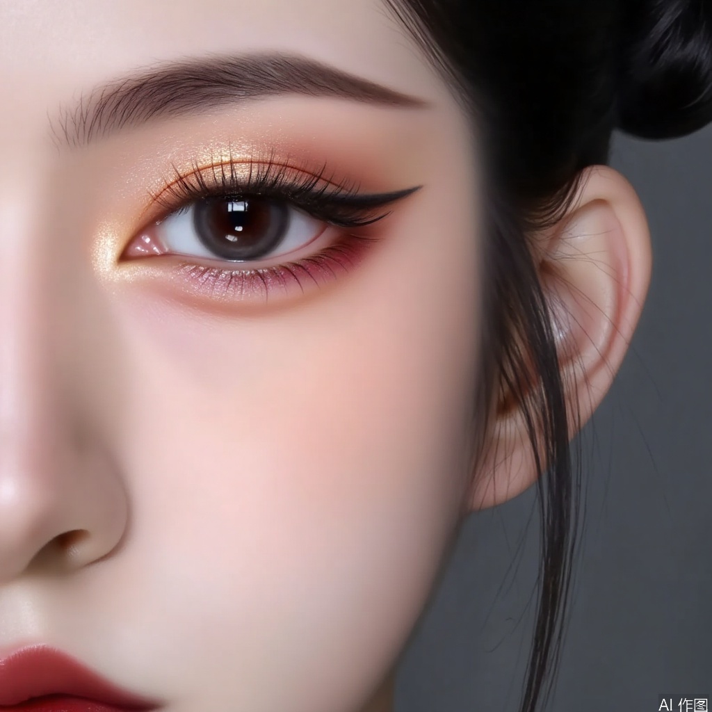 Close up of the face. Half a face. Creative makeup with ancient style, slender eyebrows raised, and blurred eye makeup. Glowing eye shadow. Eyelashes.,Beauty and Makeup