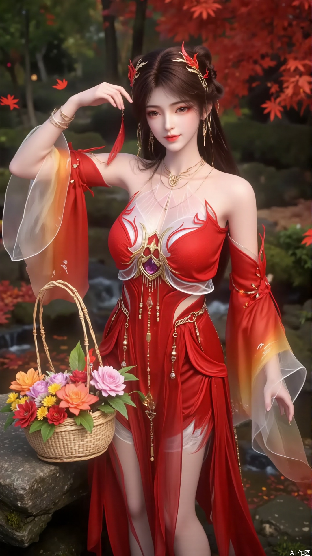 Half body photo. the upper part of the body. Close up of characters. A young and beautiful woman, aged around 18-25, with delicate facial features. Creative makeup with ancient style, with long and raised eyebrows. Glowing eye shadow. Eyelashes. Exquisite eyes. Fair hands. Nail.
With a natural smile, the smile is warm and infectious, with brown eyes. Smooth and delicate skin.
With a natural smile.
Makeup
The eyebrows are slender and slightly raised, exuding charm and confidence. The eye makeup adopts a red blend, which corresponds to the color of the clothing, and is embellished with bright colors at the end of the eyes, making the eyes bright and charming. Thick curly eyelashes and delicate eyeliner enhance the depth of the eyes. Lip makeup is a bright red color, full and glossy, highlighting the character's brightness and boldness. The skin is fair, the face is delicate, and the overall makeup highlights a passionate and charming style.
Hair accessories
The long black hair is combed into a complex braided shape, with a strand of hair hanging down on each side, adding a soft and graceful touch. Wearing red as the main color scheme on the head, the hair accessory is adorned with exquisite gemstones and metal decorations, resembling flames and wings, matching the overall design theme, both gorgeous and dynamic.
The red strapless style is decorated with white patterns and silver lines on the edges, highlighting the chest lines while adding a sense of layering. The shoulder is equipped with a wide sleeve hem combining red and transparent chiffon, with gradient colors and flowing textures on the chiffon, like flames burning. The left shoulder is adorned with silver glowing embroidery.
Rich in color, gradually changing from red to orange, yellow, etc., with a strong visual impact. Paired with a gold chain decoration around the waist, it adds a sense of luxury.
Clothing material
The strapless part and the main body of the skirt are made of silk, with a smooth surface, bright colors, and a good sense of sagging, which can effectively outline the curves of the body. The thin gauze on the shoulders is light and transparent, with a certain glossiness, appearing agile and graceful when fluttering in the wind.
Dressing up
The overall outfit is dominated by red, bold and passionate, showcasing a strong personality. The combination of strapless, slit skirt and flowing sheer sleeve hem not only has a sexy element, but also exudes a dynamic and graceful vibe. The rich decorative elements, as well as accessories such as gems and metal chains, make the clothing look extremely gorgeous and full of mythological colors. Holding a flower basket in his left hand. Raise your hair with your right hand. The basket is woven from bamboo. The basket is filled with bright flowers. Elegant posture.
The background is a maple forest. The ground is covered with red maple leaves. Stream. Clear and transparent water. Maple leaves floating on the water surface. The stone is covered in moss. Clear background. 16k. A masterpiece. HD。