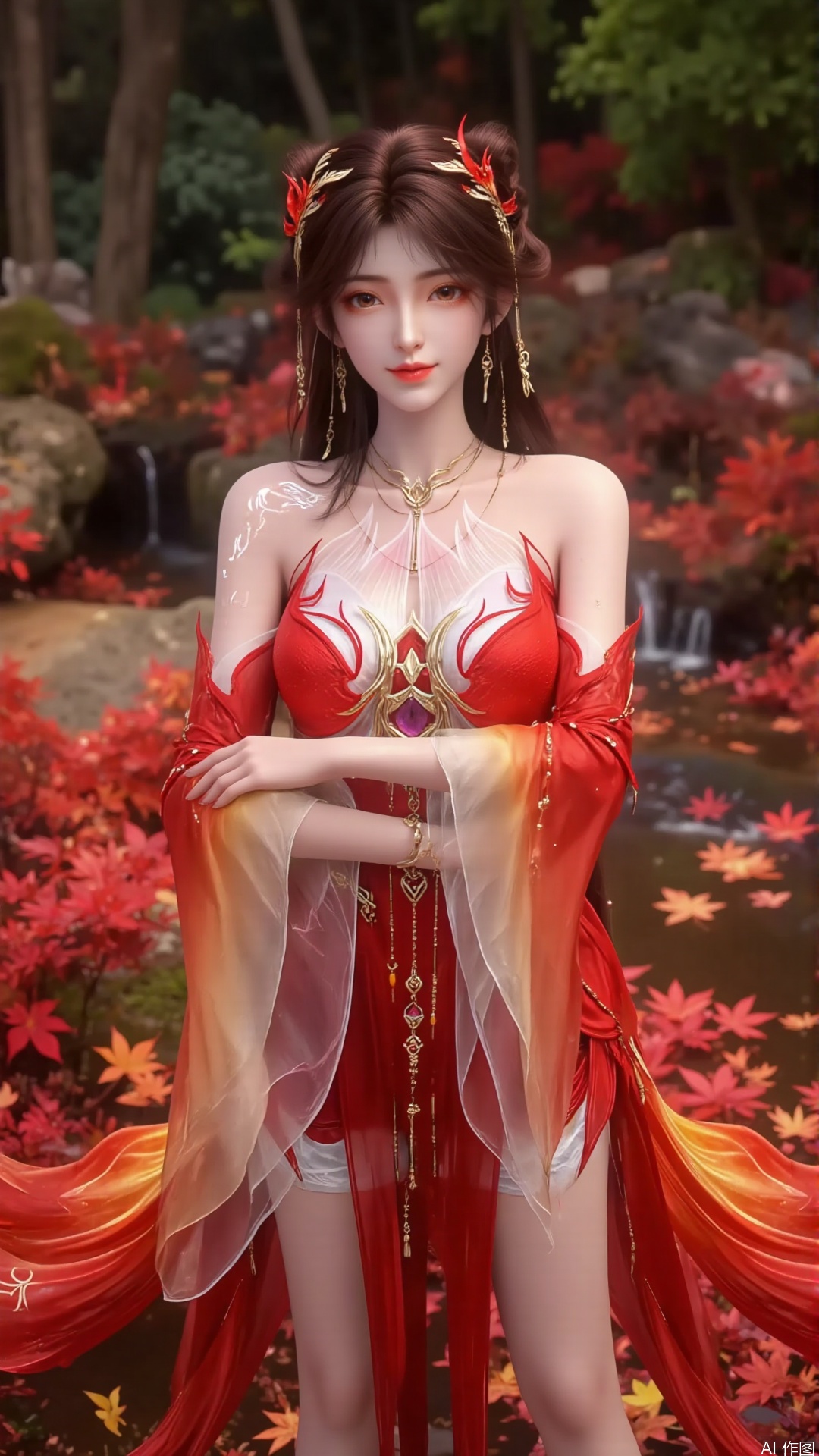 Half body photo. the upper part of the body. Close up of characters. A young and beautiful woman, aged around 18-25, with delicate facial features. Creative makeup with ancient style, with long and raised eyebrows. Glowing eye shadow. Eyelashes. Exquisite eyes. Fair hands. Nail.
With a natural smile, the smile is warm and infectious, with brown eyes. Smooth and delicate skin.
With a natural smile.
Makeup
The eyebrows are slender and slightly raised, exuding charm and confidence. The eye makeup adopts a red blend, which corresponds to the color of the clothing, and is embellished with bright colors at the end of the eyes, making the eyes bright and charming. Thick curly eyelashes and delicate eyeliner enhance the depth of the eyes. Lip makeup is a bright red color, full and glossy, highlighting the character's brightness and boldness. The skin is fair, the face is delicate, and the overall makeup highlights a passionate and charming style.
Hair accessories
The long black hair is combed into a complex braided shape, with a strand of hair hanging down on each side, adding a soft and graceful touch. Wearing red as the main color scheme on the head, the hair accessory is adorned with exquisite gemstones and metal decorations, resembling flames and wings, matching the overall design theme, both gorgeous and dynamic.
The red strapless style is decorated with white patterns and silver lines on the edges, highlighting the chest lines while adding a sense of layering. The shoulder is equipped with a wide sleeve hem combining red and transparent chiffon, with gradient colors and flowing textures on the chiffon, like flames burning. The left shoulder is adorned with silver glowing embroidery.
Rich in color, gradually changing from red to orange, yellow, etc., with a strong visual impact. Paired with a gold chain decoration around the waist, it adds a sense of luxury.
Clothing material
The strapless part and the main body of the skirt are made of silk, with a smooth surface, bright colors, and a good sense of sagging, which can effectively outline the curves of the body. The thin gauze on the shoulders is light and transparent, with a certain glossiness, appearing agile and graceful when fluttering in the wind.
Dressing up
The overall outfit is dominated by red, bold and passionate, showcasing a strong personality. The combination of strapless, slit skirt and flowing sheer sleeve hem not only has a sexy element, but also exudes a dynamic and graceful vibe. The rich decorative elements, as well as accessories such as gems and metal chains, make the clothing look extremely gorgeous and full of mythological colors. Cross your arms in front of you, showing an elegant and imposing posture.
The background is a maple forest. The ground is covered with red maple leaves. Stream. Clear and transparent water. Maple leaves floating on the water surface. The stone is covered in moss. Clear background. 16k. A masterpiece. HD。