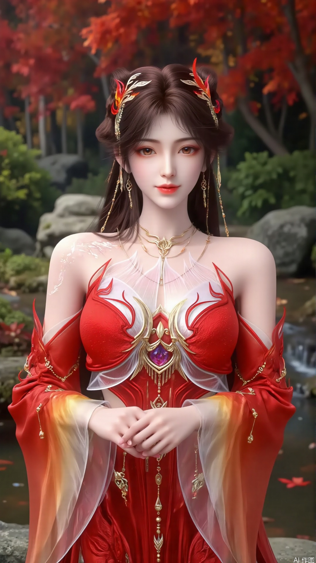 Half body photo. the upper part of the body. Close up of characters. A young and beautiful woman, aged around 18-25, with delicate facial features. Creative makeup with ancient style, with long and raised eyebrows. Glowing eye shadow. Eyelashes. Exquisite eyes. Fair hands. Nail.
With a natural smile, the smile is warm and infectious, with brown eyes. Smooth and delicate skin.
With a natural smile.
Makeup
The eyebrows are slender and slightly raised, exuding charm and confidence. The eye makeup adopts a red blend, which corresponds to the color of the clothing, and is embellished with bright colors at the end of the eyes, making the eyes bright and charming. Thick curly eyelashes and delicate eyeliner enhance the depth of the eyes. Lip makeup is a bright red color, full and glossy, highlighting the character's brightness and boldness. The skin is fair, the face is delicate, and the overall makeup highlights a passionate and charming style.
Hair accessories
The long black hair is combed into a complex braided shape, with a strand of hair hanging down on each side, adding a soft and graceful touch. Wearing red as the main color scheme on the head, the hair accessory is adorned with exquisite gemstones and metal decorations, resembling flames and wings, matching the overall design theme, both gorgeous and dynamic.
The red strapless style is decorated with white patterns and silver lines on the edges, highlighting the chest lines while adding a sense of layering. The shoulder is equipped with a wide sleeve hem combining red and transparent chiffon, with gradient colors and flowing textures on the chiffon, like flames burning. The left shoulder is adorned with silver glowing embroidery.
Rich in color, gradually changing from red to orange, yellow, etc., with a strong visual impact. Paired with a gold chain decoration around the waist, it adds a sense of luxury.
Clothing material
The strapless part and the main body of the skirt are made of silk, with a smooth surface, bright colors, and a good sense of sagging, which can effectively outline the curves of the body. The thin gauze on the shoulders is light and transparent, with a certain glossiness, appearing agile and graceful when fluttering in the wind.
Dressing up
The overall outfit is dominated by red, bold and passionate, showcasing a strong personality. The combination of strapless, slit skirt and flowing sheer sleeve hem not only has a sexy element, but also exudes a dynamic and graceful vibe. The rich decorative elements, as well as accessories such as gems and metal chains, make the clothing look extremely gorgeous and full of mythological colors. Cross your arms in front of you, showing an elegant and imposing posture.
The background is a maple forest. The ground is covered with red maple leaves. Stream. Clear and transparent water. Maple leaves floating on the water surface. The stone is covered in moss. Clear background. 16k. A masterpiece. HD。