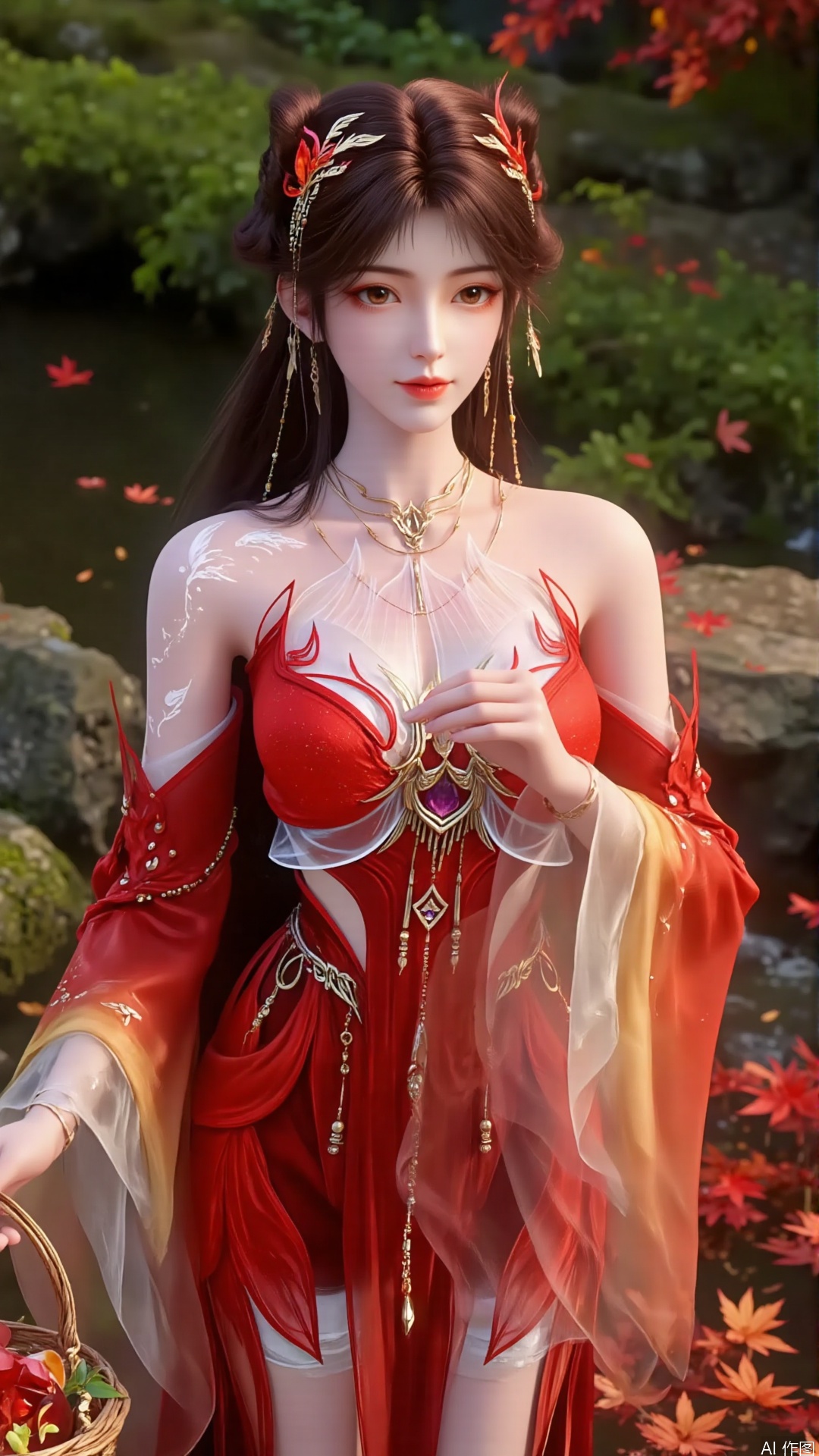 Half body photo. the upper part of the body. Close up of characters. A young and beautiful woman, aged around 18-25, with delicate facial features. Creative makeup with ancient style, with long and raised eyebrows. Glowing eye shadow. Eyelashes. Exquisite eyes. Fair hands. Nail.
With a natural smile, the smile is warm and infectious, with brown eyes. Smooth and delicate skin.
With a natural smile.
Makeup
The eyebrows are slender and slightly raised, exuding charm and confidence. The eye makeup adopts a red blend, which corresponds to the color of the clothing, and is embellished with bright colors at the end of the eyes, making the eyes bright and charming. Thick curly eyelashes and delicate eyeliner enhance the depth of the eyes. Lip makeup is a bright red color, full and glossy, highlighting the character's brightness and boldness. The skin is fair, the face is delicate, and the overall makeup highlights a passionate and charming style.
Hair accessories
The long black hair is combed into a complex braided shape, with a strand of hair hanging down on each side, adding a soft and graceful touch. Wearing red as the main color scheme on the head, the hair accessory is adorned with exquisite gemstones and metal decorations, resembling flames and wings, matching the overall design theme, both gorgeous and dynamic.
The red strapless style is decorated with white patterns and silver lines on the edges, highlighting the chest lines while adding a sense of layering. The shoulder is equipped with a wide sleeve hem combining red and transparent chiffon, with gradient colors and flowing textures on the chiffon, like flames burning. The left shoulder is adorned with silver glowing embroidery.
Rich in color, gradually changing from red to orange, yellow, etc., with a strong visual impact. Paired with a gold chain decoration around the waist, it adds a sense of luxury.
Clothing material
The strapless part and the main body of the skirt are made of silk, with a smooth surface, bright colors, and a good sense of sagging, which can effectively outline the curves of the body. The thin gauze on the shoulders is light and transparent, with a certain glossiness, appearing agile and graceful when fluttering in the wind.
Dressing up
The overall outfit is dominated by red, bold and passionate, showcasing a strong personality. The combination of strapless, slit skirt and flowing sheer sleeve hem not only has a sexy element, but also exudes a dynamic and graceful vibe. The rich decorative elements, as well as accessories such as gems and metal chains, make the clothing look extremely gorgeous and full of mythological colors. Holding a flower basket in both hands. The basket is woven from bamboo. The basket is filled with bright flowers. Elegant posture.
The background is a maple forest. The ground is covered with red maple leaves. Stream. Clear and transparent water. Maple leaves floating on the water surface. The stone is covered in moss. Clear background. 16k. A masterpiece. HD。
