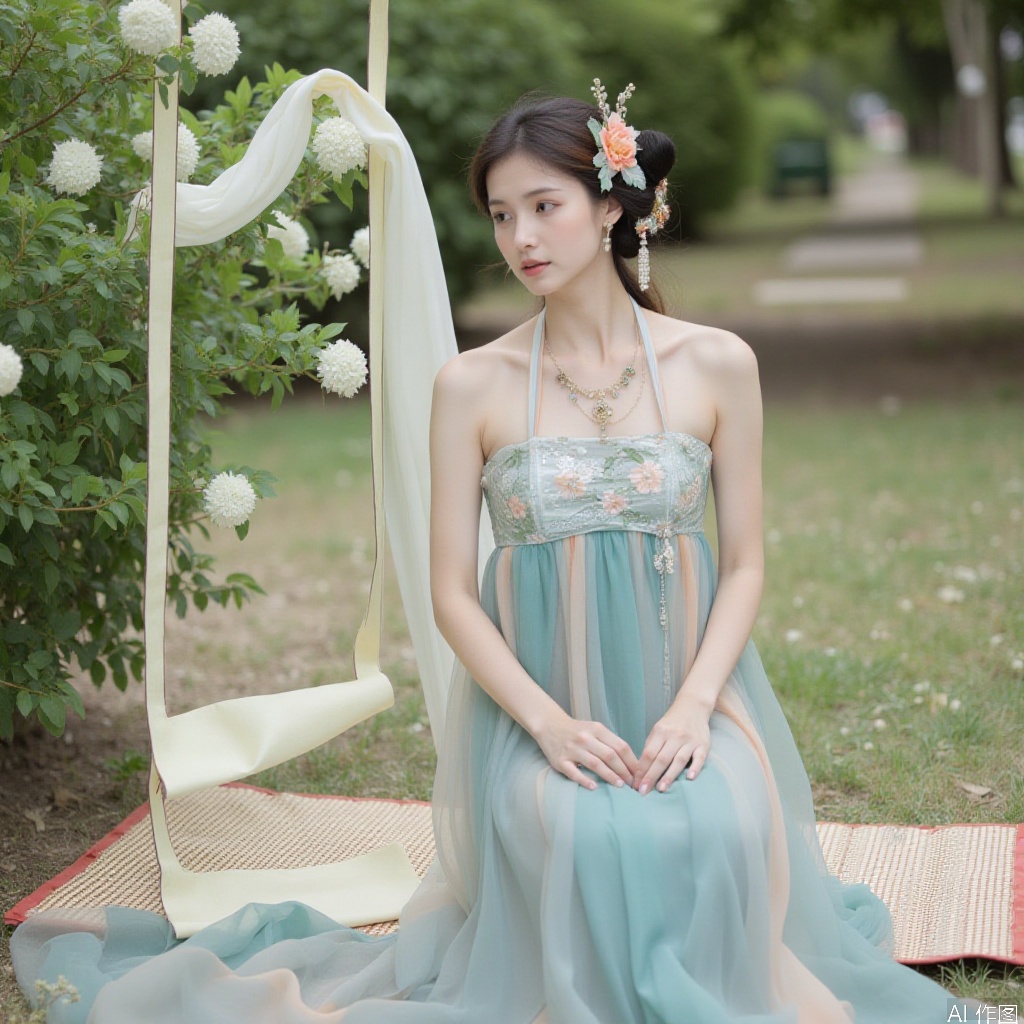 1 woman,Asian,halter_dress,flower,