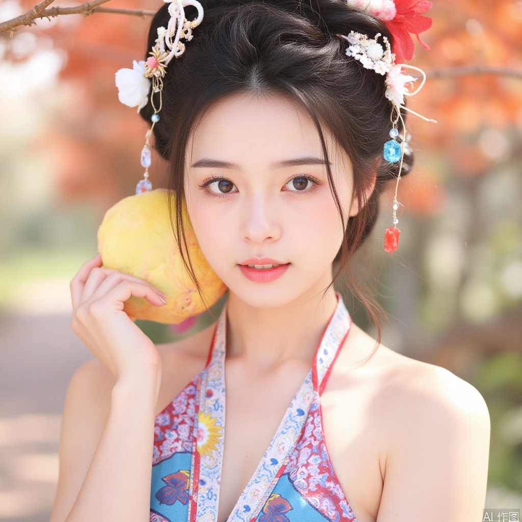 1 woman,realistic,halter_dress,flower,colorful hair,colorful eyes