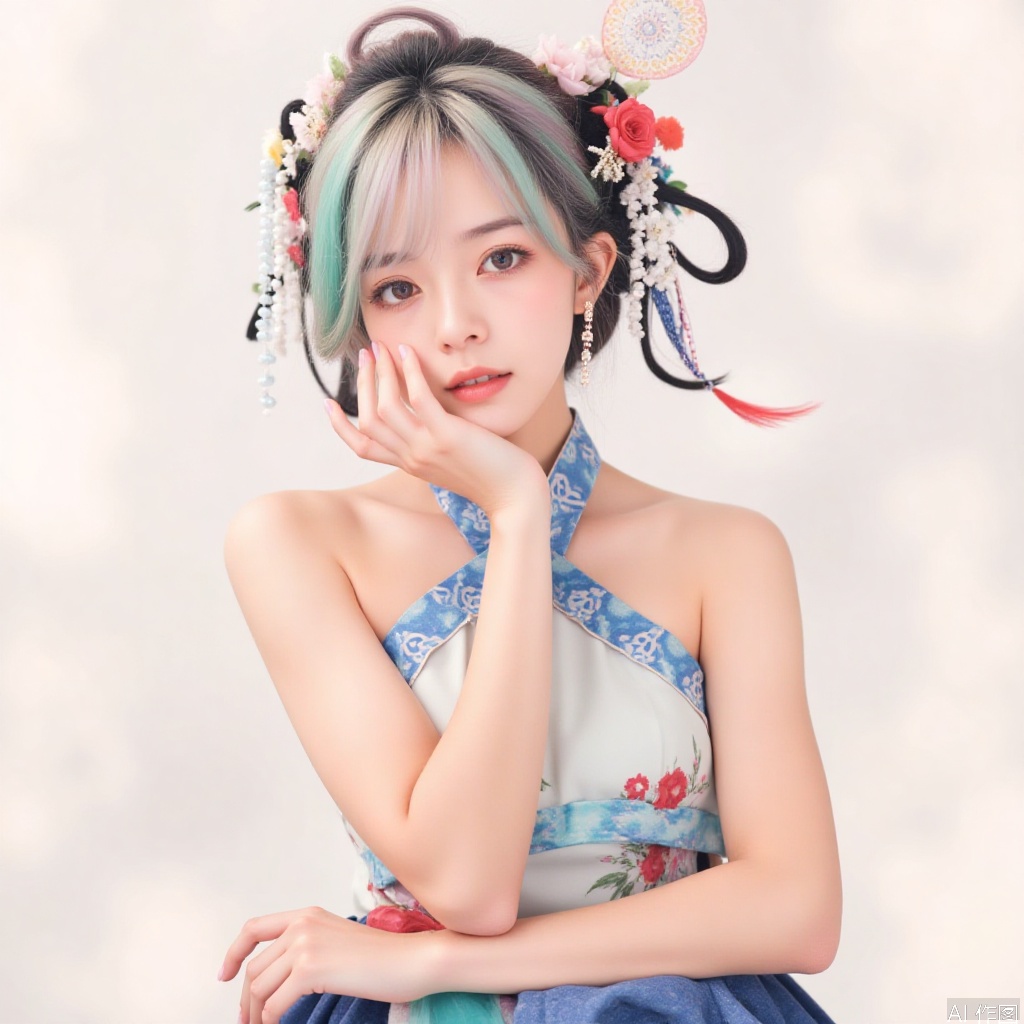 1 woman,realistic,halter_dress,flower,colorful hair,colorful eyes