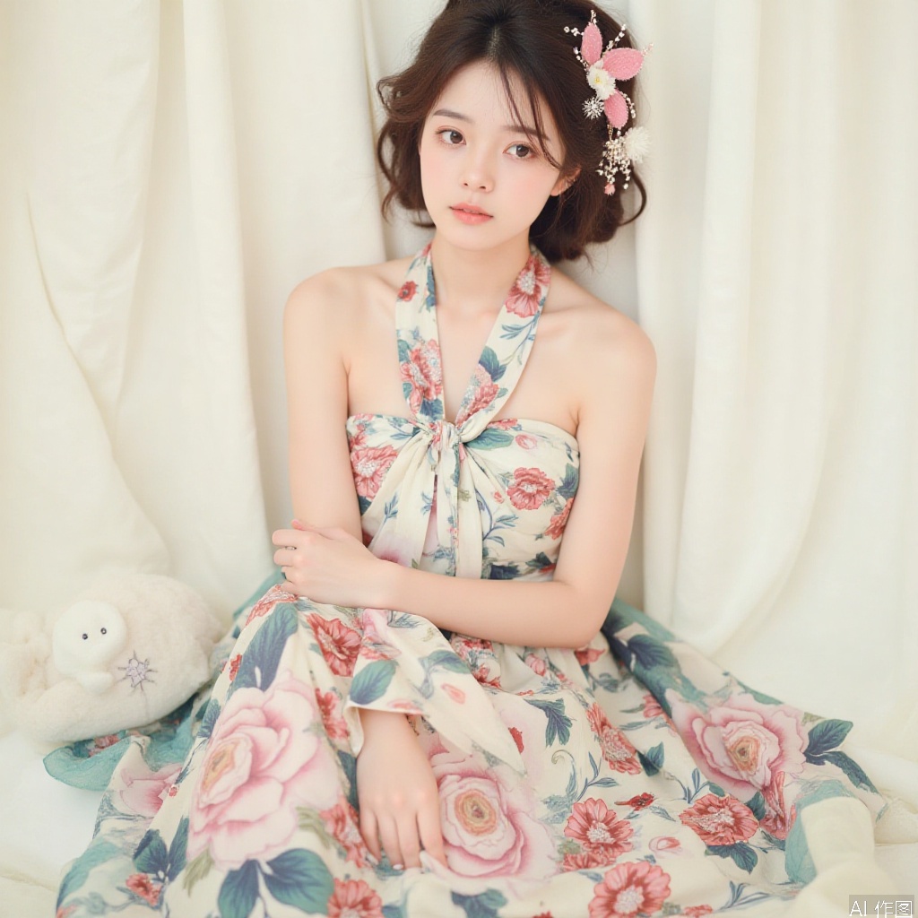 1girl,halter_dress,flower,