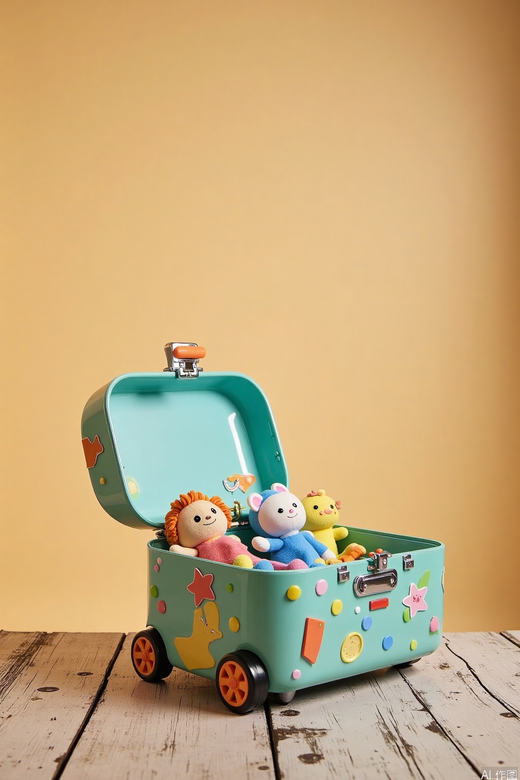 Close-up shot of a colorful children's travel trunk with a hinged lid, placed on a worn wooden floorboards against a warm beige background. Soft overhead lighting accentuates the intricate patterns and shapes on the trunk's surface. A few stuffed animals peek out from the open lid, inviting curiosity. The composition emphasizes the playfulness and adventure spirit of childhood travel.