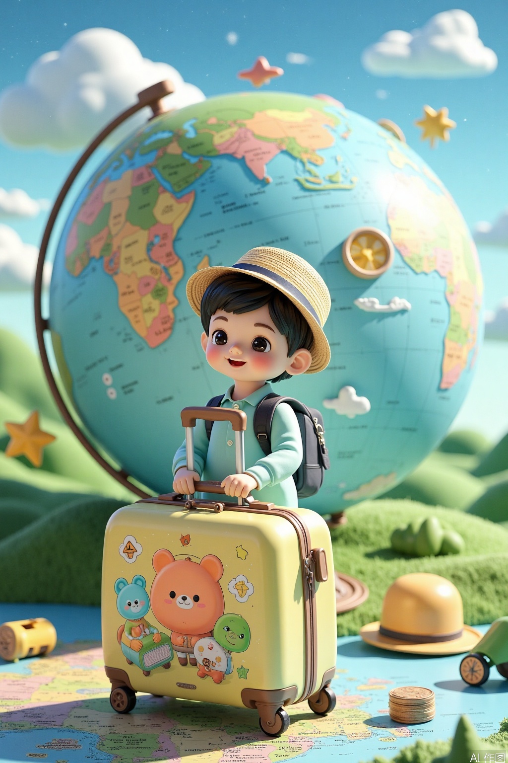 A young traveler holds a colorful suitcase in front of a vintage-inspired globe, with rolling hills and fluffy clouds in the background. Soft sunlight highlights the luggage's intricate stitching and playful cartoon characters. The child's backpack and hat are scattered around the globe, conveying excitement for their adventure.