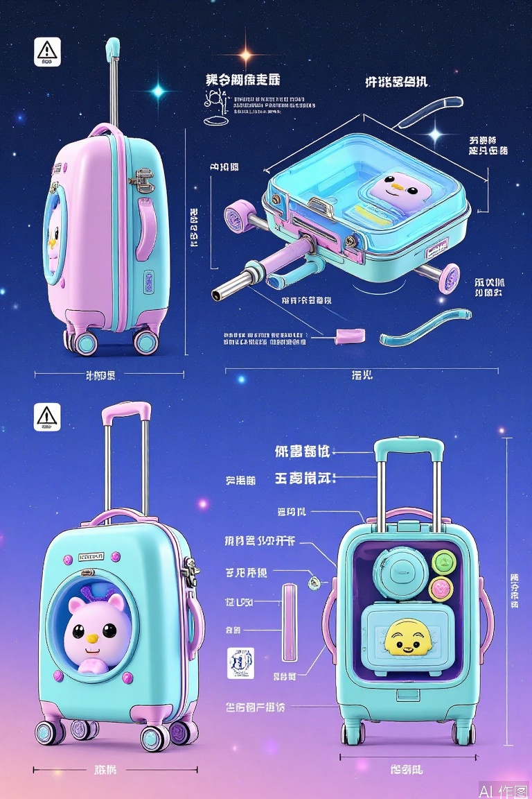 Children's cartoon luggage design line drawing, cartoon shape three views, ABS+TPE soft rubber anti-collision edge exploded diagram, luminous wheel shaft structure diagram, built-in toy storage compartment perspective view, macaron color collision design, box cute animal sticker positioning diagram, telescopic pull rod safety locking device details, safety warning signs on starry sky gradient background