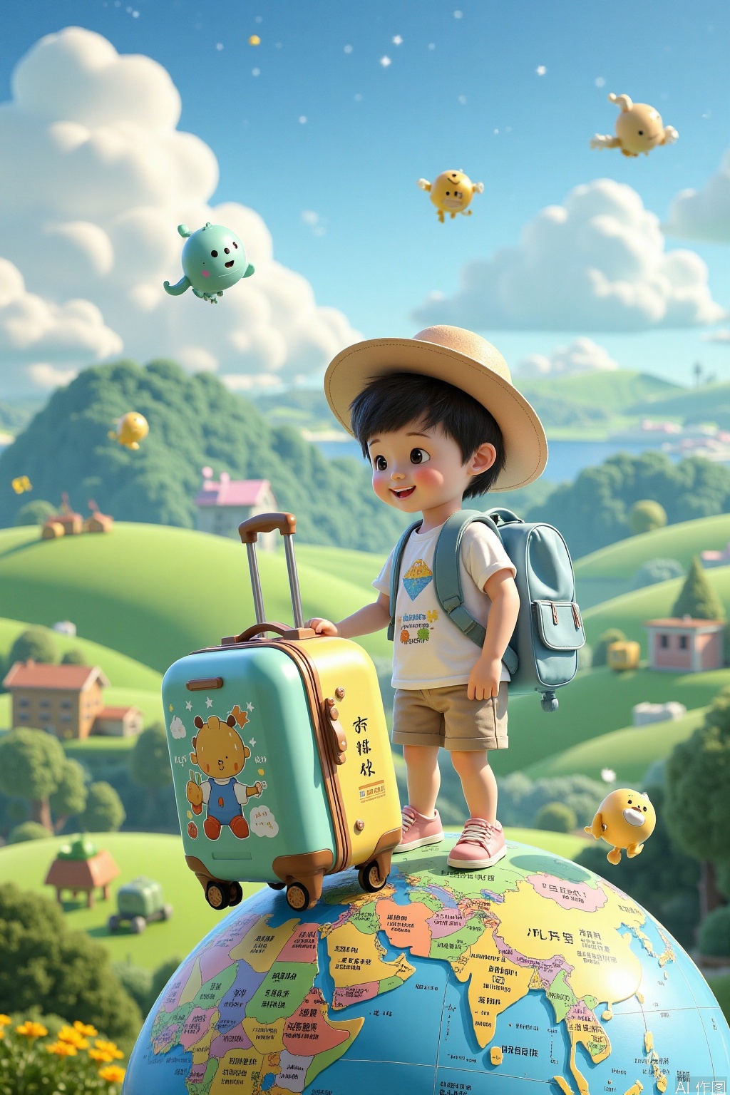 A young traveler holds a colorful suitcase in front of a vintage-inspired globe, with rolling hills and fluffy clouds in the background. Soft sunlight highlights the luggage's intricate stitching and playful cartoon characters. The child's backpack and hat are scattered around the globe, conveying excitement for their adventure.