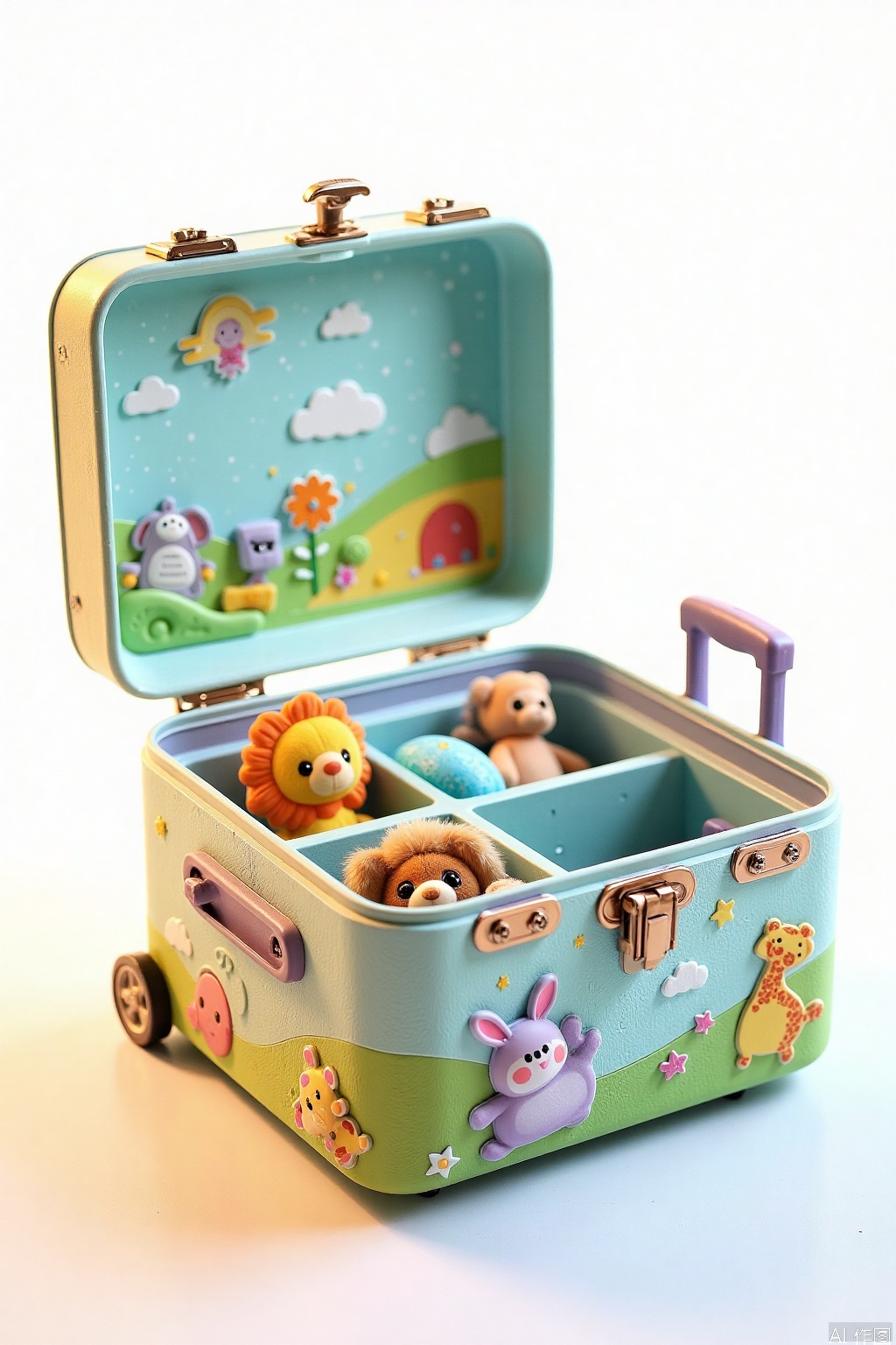 Close-up shot of a colorful children's travel trunk with intricate carvings and vibrant patterns on its lid, set against a bright white background. Soft, warm lighting highlights the textured surface, while a subtle focus effect draws attention to the cleverly designed compartments and handles. A few stuffed animals peek out from within, inviting the viewer to explore the contents.