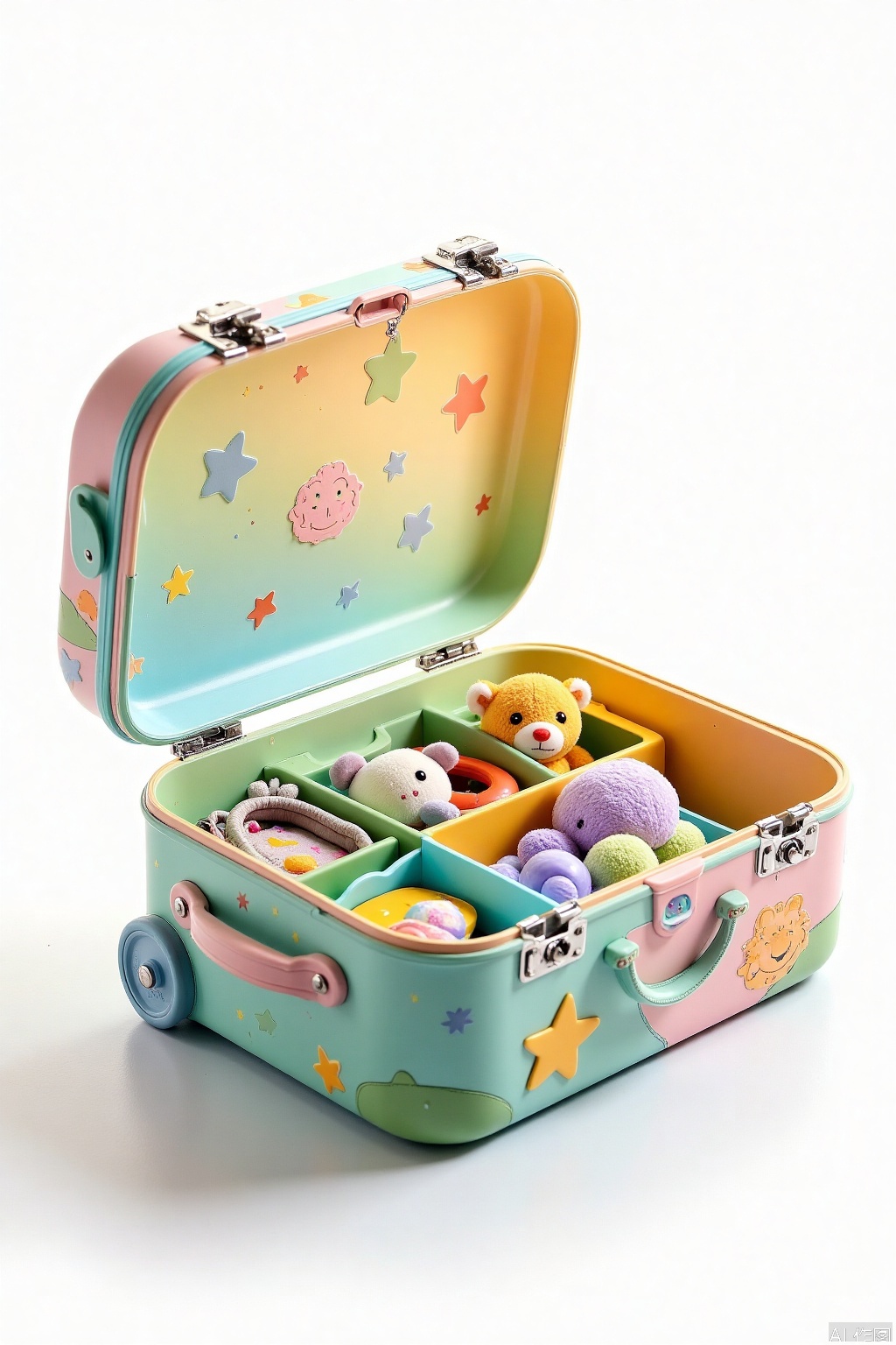 Close-up shot of a colorful children's travel trunk with intricate carvings and vibrant patterns on its lid, set against a bright white background. Soft, warm lighting highlights the textured surface, while a subtle focus effect draws attention to the cleverly designed compartments and handles. A few stuffed animals peek out from within, inviting the viewer to explore the contents.