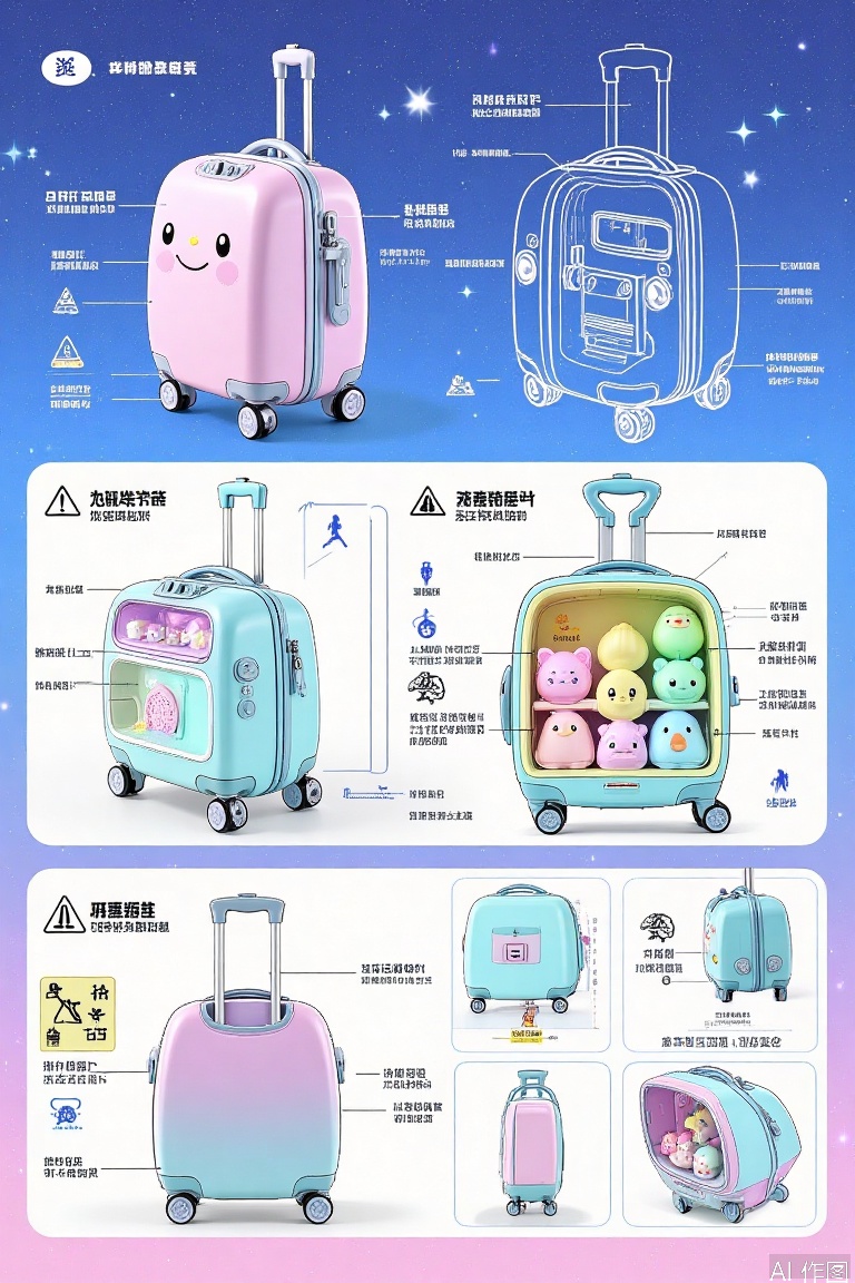 Children's cartoon luggage design line drawing, cartoon shape three views, ABS+TPE soft rubber anti-collision edge exploded diagram, luminous wheel shaft structure diagram, built-in toy storage compartment perspective view, macaron color collision design, box cute animal sticker positioning diagram, telescopic pull rod safety locking device details, safety warning signs on starry sky gradient background