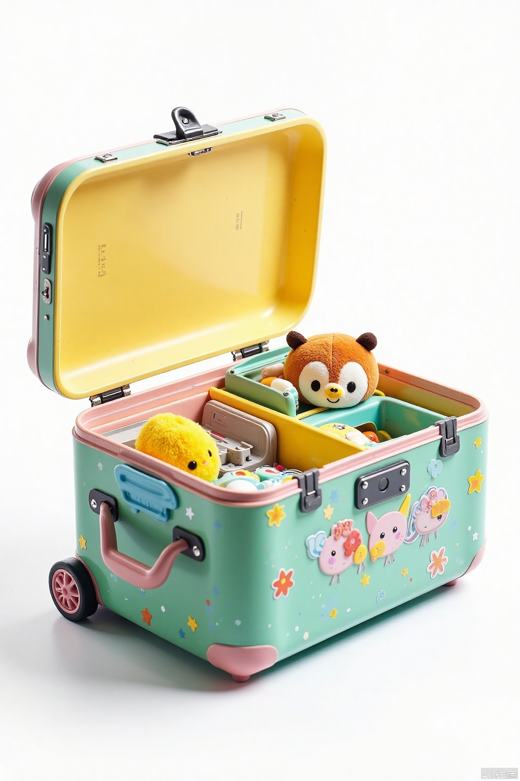 Close-up shot of a colorful children's travel trunk with intricate carvings and vibrant patterns on its lid, set against a bright white background. Soft, warm lighting highlights the textured surface, while a subtle focus effect draws attention to the cleverly designed compartments and handles. A few stuffed animals peek out from within, inviting the viewer to explore the contents.