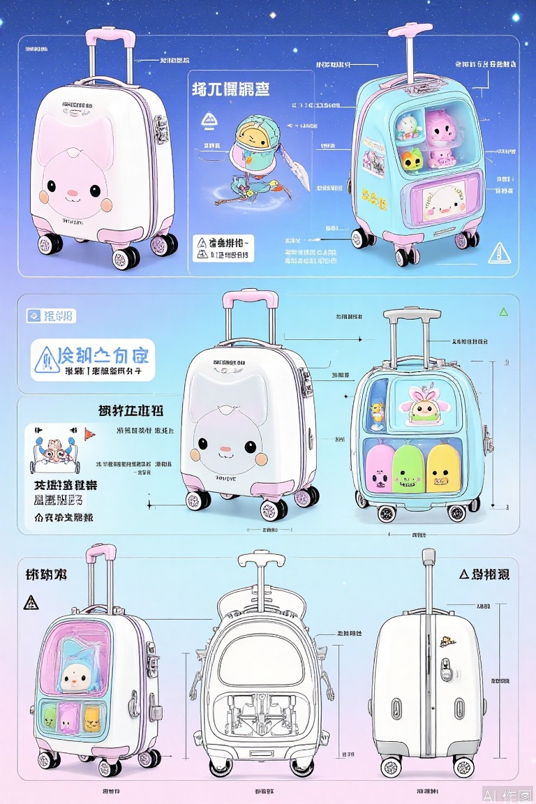 Children's cartoon luggage design line drawing, cartoon shape three views, ABS+TPE soft rubber anti-collision edge exploded diagram, luminous wheel shaft structure diagram, built-in toy storage compartment perspective view, macaron color collision design, box cute animal sticker positioning diagram, telescopic pull rod safety locking device details, safety warning signs on starry sky gradient background