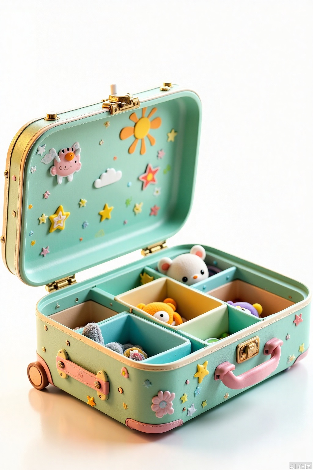 Close-up shot of a colorful children's travel trunk with intricate carvings and vibrant patterns on its lid, set against a bright white background. Soft, warm lighting highlights the textured surface, while a subtle focus effect draws attention to the cleverly designed compartments and handles. A few stuffed animals peek out from within, inviting the viewer to explore the contents.