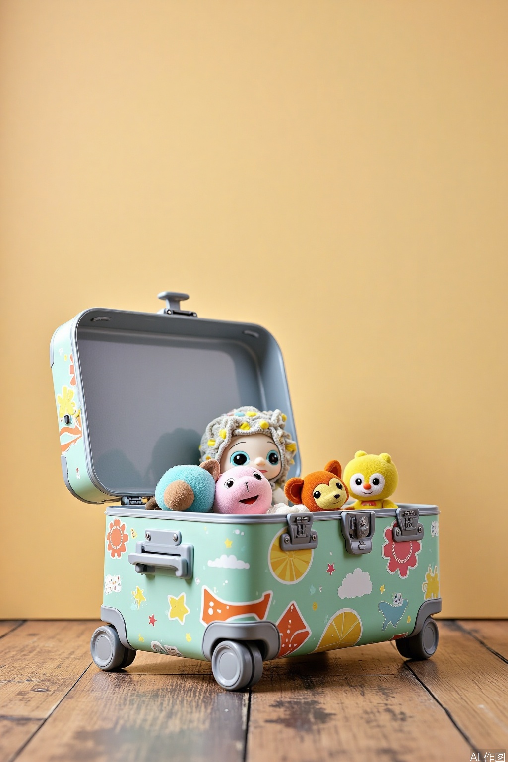 Close-up shot of a colorful children's travel trunk with a hinged lid, placed on a worn wooden floorboards against a warm beige background. Soft overhead lighting accentuates the intricate patterns and shapes on the trunk's surface. A few stuffed animals peek out from the open lid, inviting curiosity. The composition emphasizes the playfulness and adventure spirit of childhood travel.