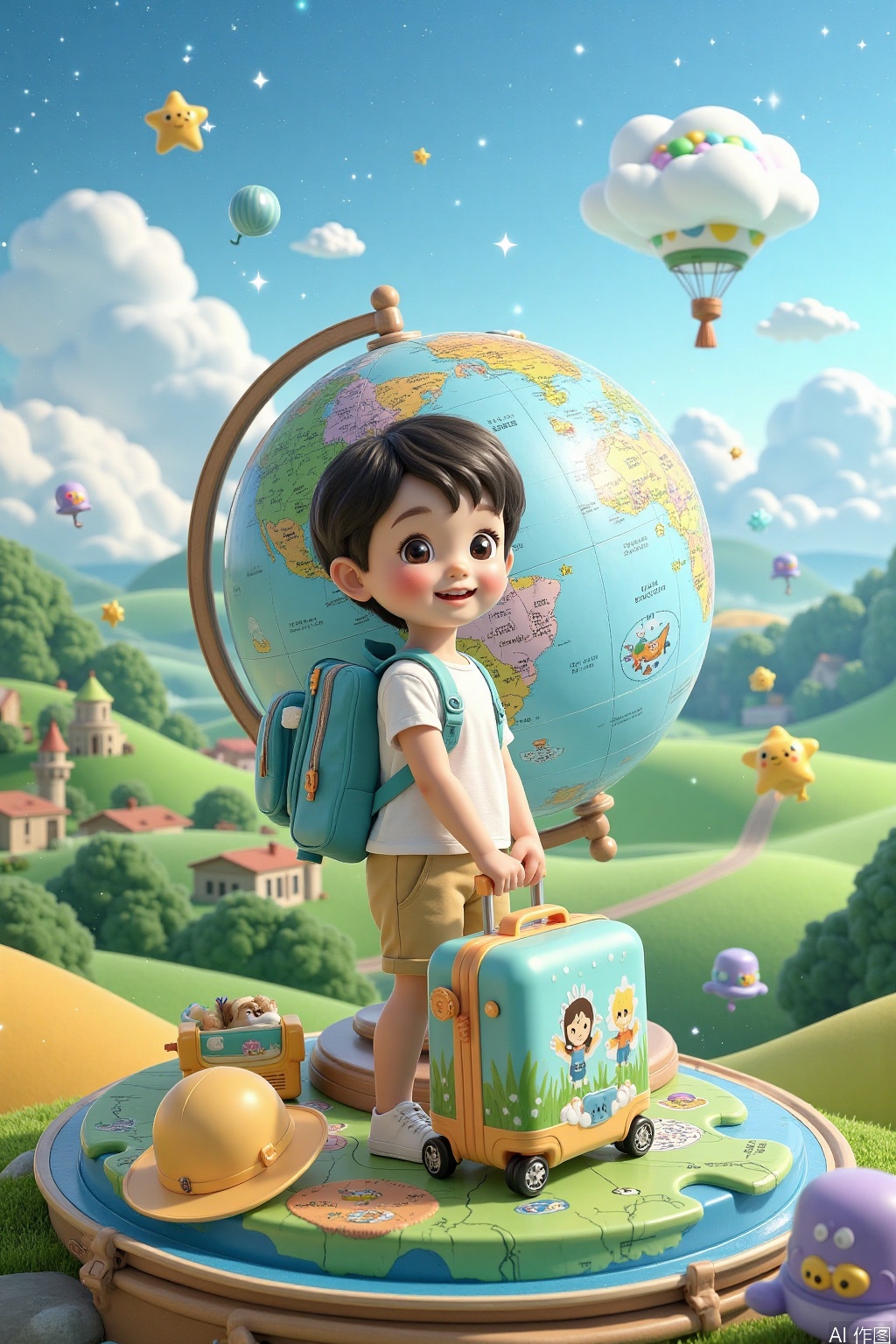 A young traveler holds a colorful suitcase in front of a vintage-inspired globe, with rolling hills and fluffy clouds in the background. Soft sunlight highlights the luggage's intricate stitching and playful cartoon characters. The child's backpack and hat are scattered around the globe, conveying excitement for their adventure.