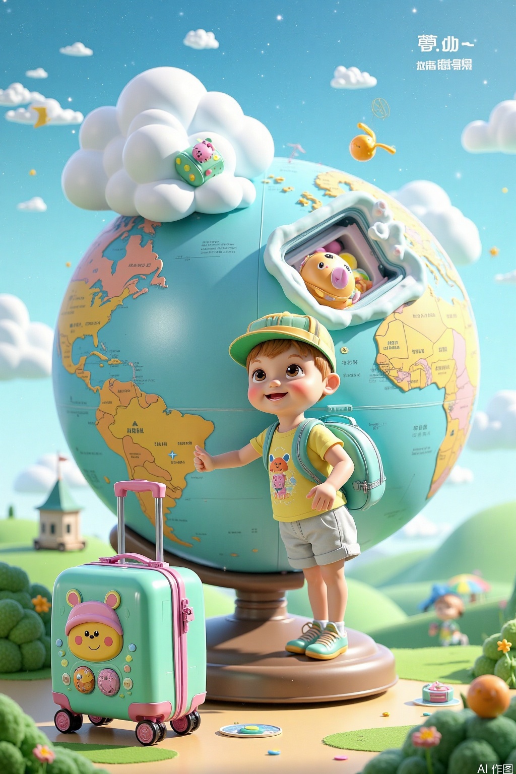 A young traveler holds a colorful suitcase in front of a vintage-inspired globe, with rolling hills and fluffy clouds in the background. Soft sunlight highlights the luggage's intricate stitching and playful cartoon characters. The child's backpack and hat are scattered around the globe, conveying excitement for their adventure.