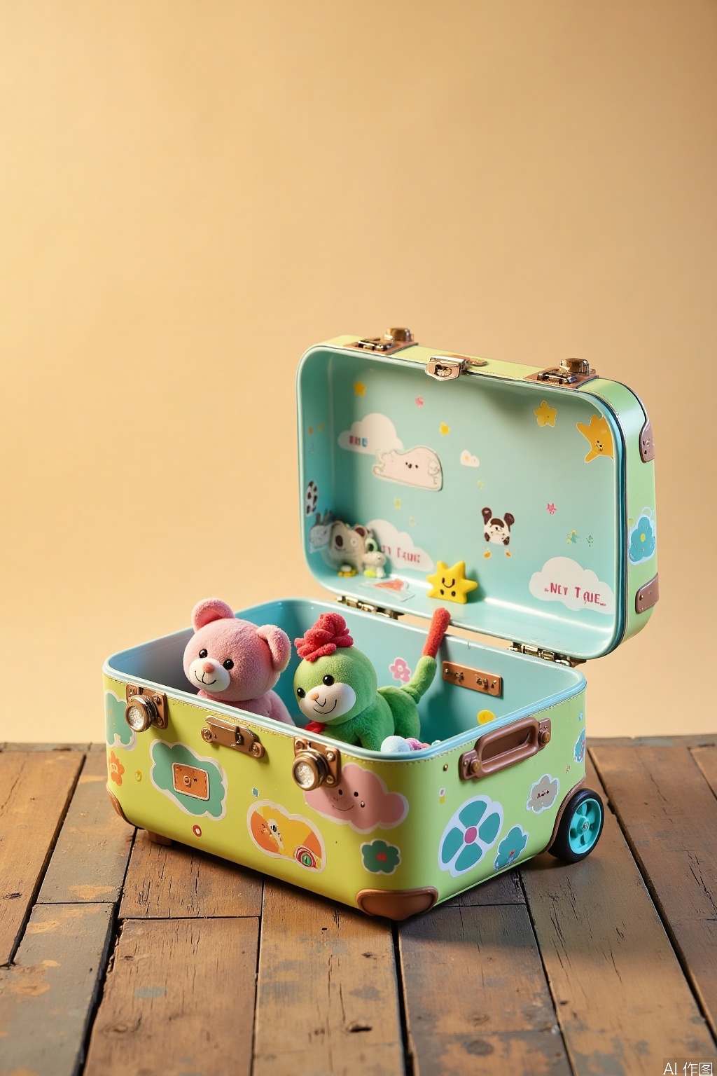 Close-up shot of a colorful children's travel trunk with a hinged lid, placed on a worn wooden floorboards against a warm beige background. Soft overhead lighting accentuates the intricate patterns and shapes on the trunk's surface. A few stuffed animals peek out from the open lid, inviting curiosity. The composition emphasizes the playfulness and adventure spirit of childhood travel.