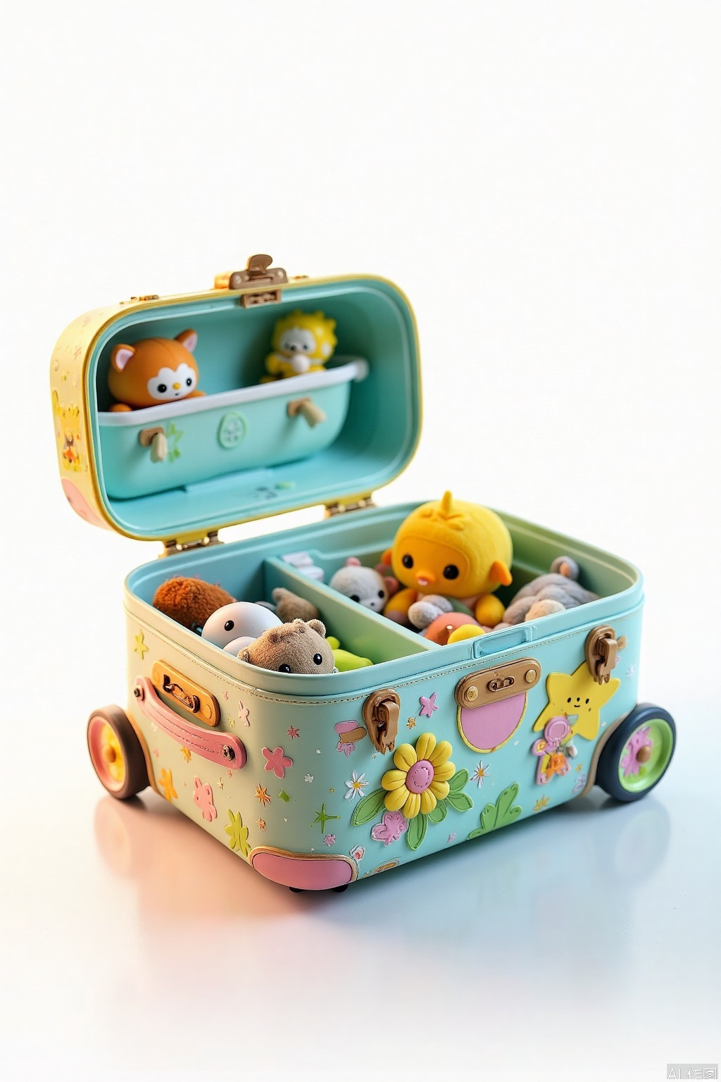 Close-up shot of a colorful children's travel trunk with intricate carvings and vibrant patterns on its lid, set against a bright white background. Soft, warm lighting highlights the textured surface, while a subtle focus effect draws attention to the cleverly designed compartments and handles. A few stuffed animals peek out from within, inviting the viewer to explore the contents.