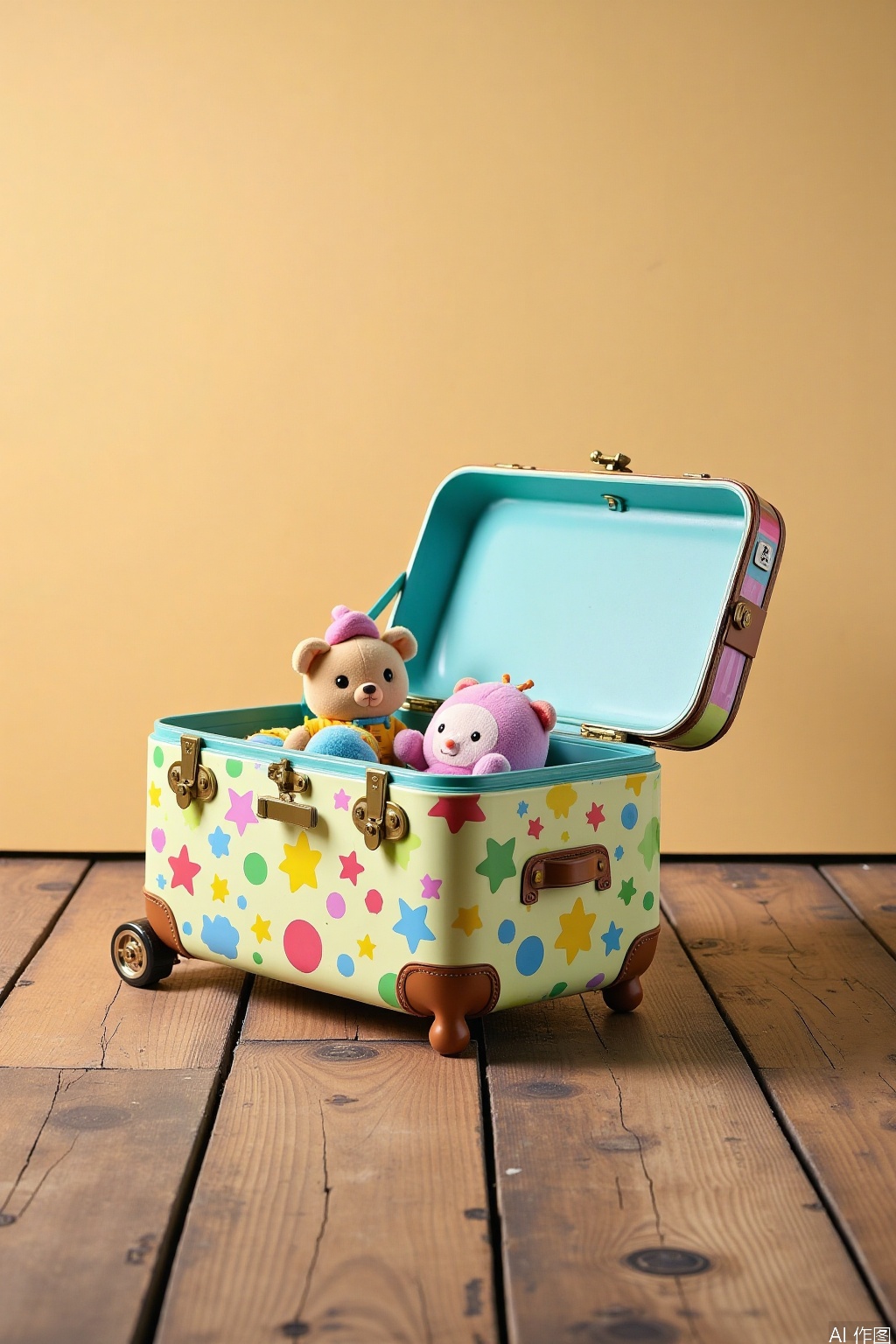 Close-up shot of a colorful children's travel trunk with a hinged lid, placed on a worn wooden floorboards against a warm beige background. Soft overhead lighting accentuates the intricate patterns and shapes on the trunk's surface. A few stuffed animals peek out from the open lid, inviting curiosity. The composition emphasizes the playfulness and adventure spirit of childhood travel.