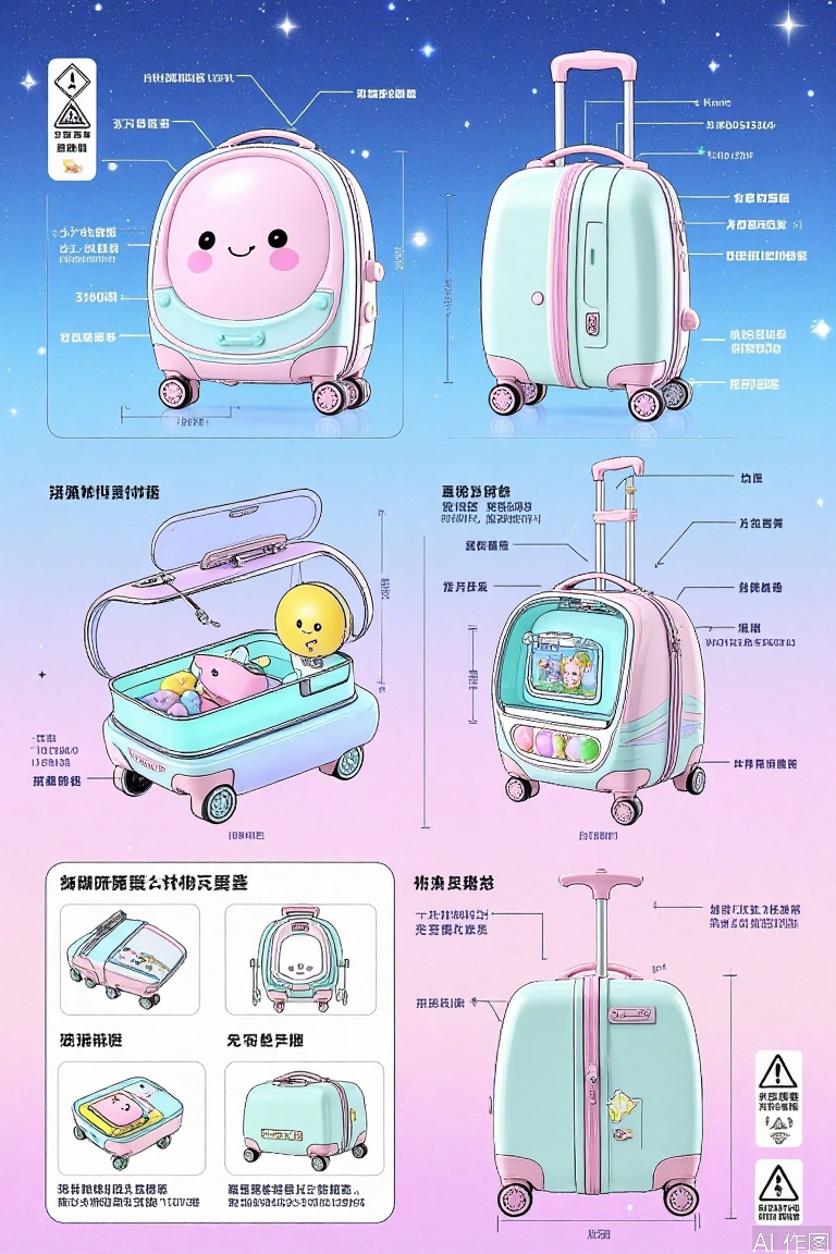 Children's cartoon luggage design line drawing, cartoon shape three views, ABS+TPE soft rubber anti-collision edge exploded diagram, luminous wheel shaft structure diagram, built-in toy storage compartment perspective view, macaron color collision design, box cute animal sticker positioning diagram, telescopic pull rod safety locking device details, safety warning signs on starry sky gradient background