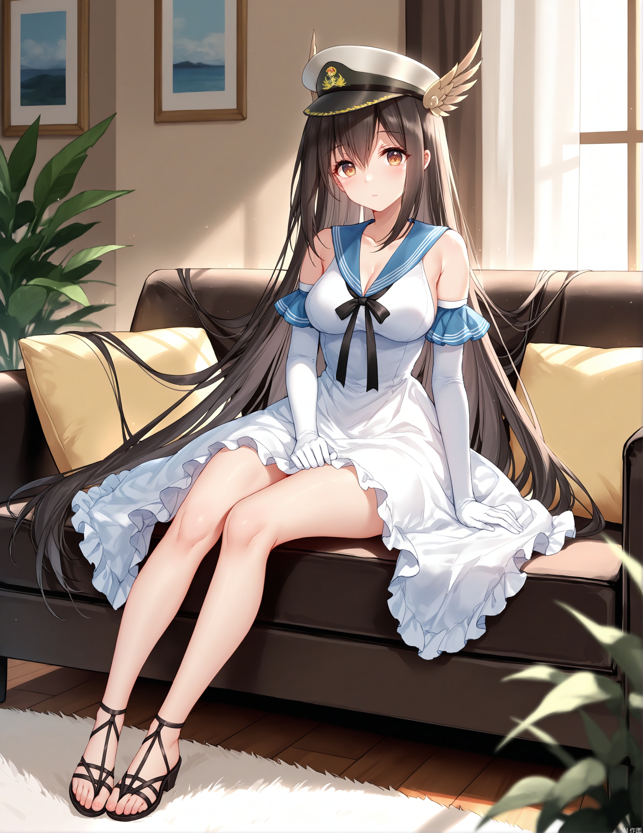 Hermes, 1girl, brown eyes, brown hair, long hair, sailor dress, solo, elbow gloves, armbands, bare neck, head wings, white gloves, very long hair, white gloves, bare shoulders, white dress, white headwear, long gloves, armband, sleeveless, black ribbon, bare neck, cleavage, sandals, medium breasts, military hat, armband, full body, looking at viewer, sitting, on sofa, 
living room, sunlight, afternoon, 
cinematic lighting, contour deepening, high-key and low-variance brightness scale, soft light, depth of field, 

(artist:konya_karasue:0.3),(artist:meion:0.6),(artist:sora_72-iro:0.7),(artist:wlop:0.6),(artist:ciloranko:0.3),(artist:binggong_asylum:0.4),(artist:ask_\(askzy\):0.3),(artist:bison_cangshu:0.6),(artist:yunsang:0.2),(artist:ningen_mame:0.3),(artist:sho_\(sho_lwlw\):0.3),(artist:rhasta:0.2),(artist:chen_bin:0.4),(artist:omone_hokoma_agm:0.6),(artist:pottsness:0.4),(artist:hiten_\(hitenkei\):0.3),(artist:mignon:0.2),(artist:sheya:0.2),(artist:houkisei:0.3),(artist:rin_yuu:0.6),

official art,depth of field,best quality,amazing quality,very aesthetic,absurdres,best quality,masterpiece,ultra detailed, newest,8K,HDR,masterpiece,best quality,newest,absurdres,highres,very awa,
