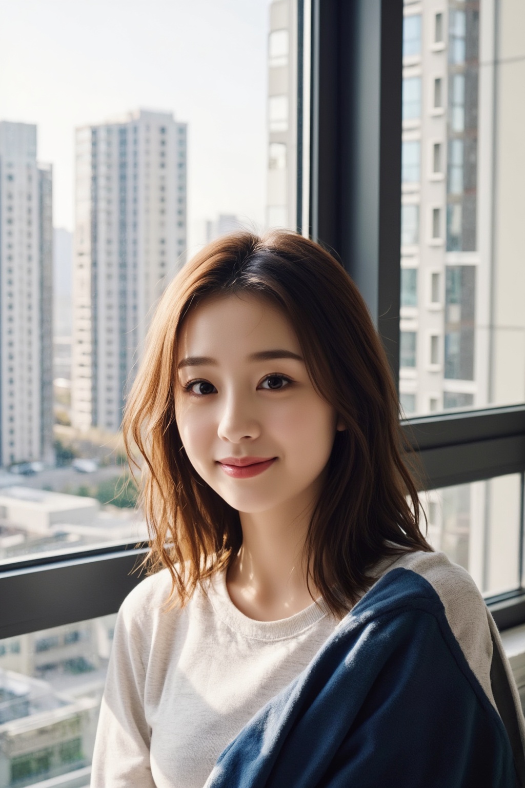 Closeup shot of a young Asian woman with subtle smile,  detailed face,  wearing a casual home outfit. Her brown hair flows...