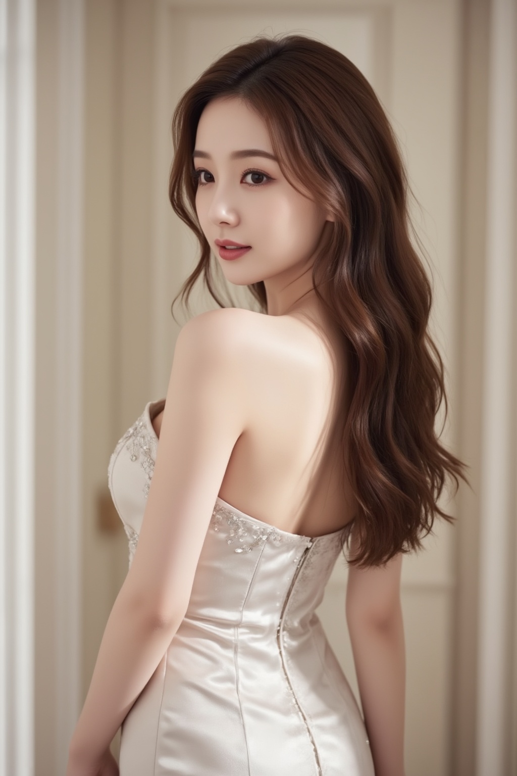 A captivating shot of a stunning young Asian woman with long,  rich brown hair cascading down her back. She poses elegantl...