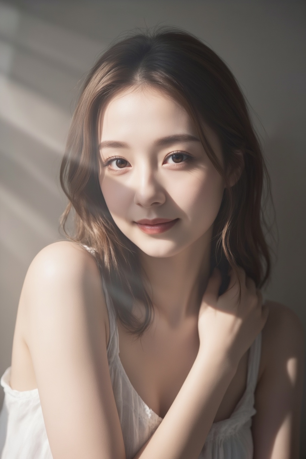Create a contentment expression scene of a woman with brown hair,  softly gazes at the camera,  bathed in soft on Tensor.Art