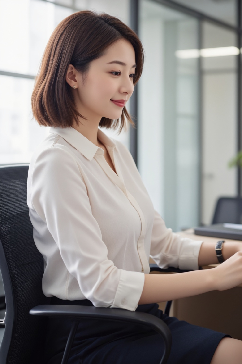 Profile view of a young Asian office lady with a subtle smile,  sitting on a chair while working. This full-body portrait...