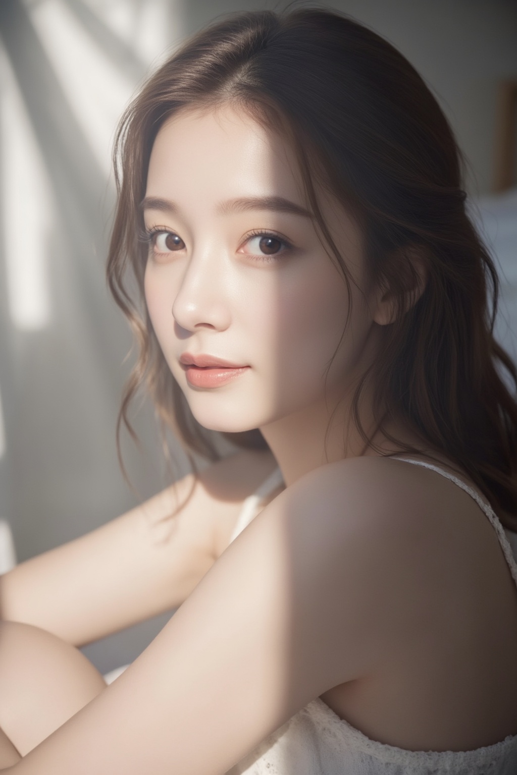 Create a contentment expression scene of a woman with brown hair,  softly gazes at the camera,  bathed in soft on Tensor.Art