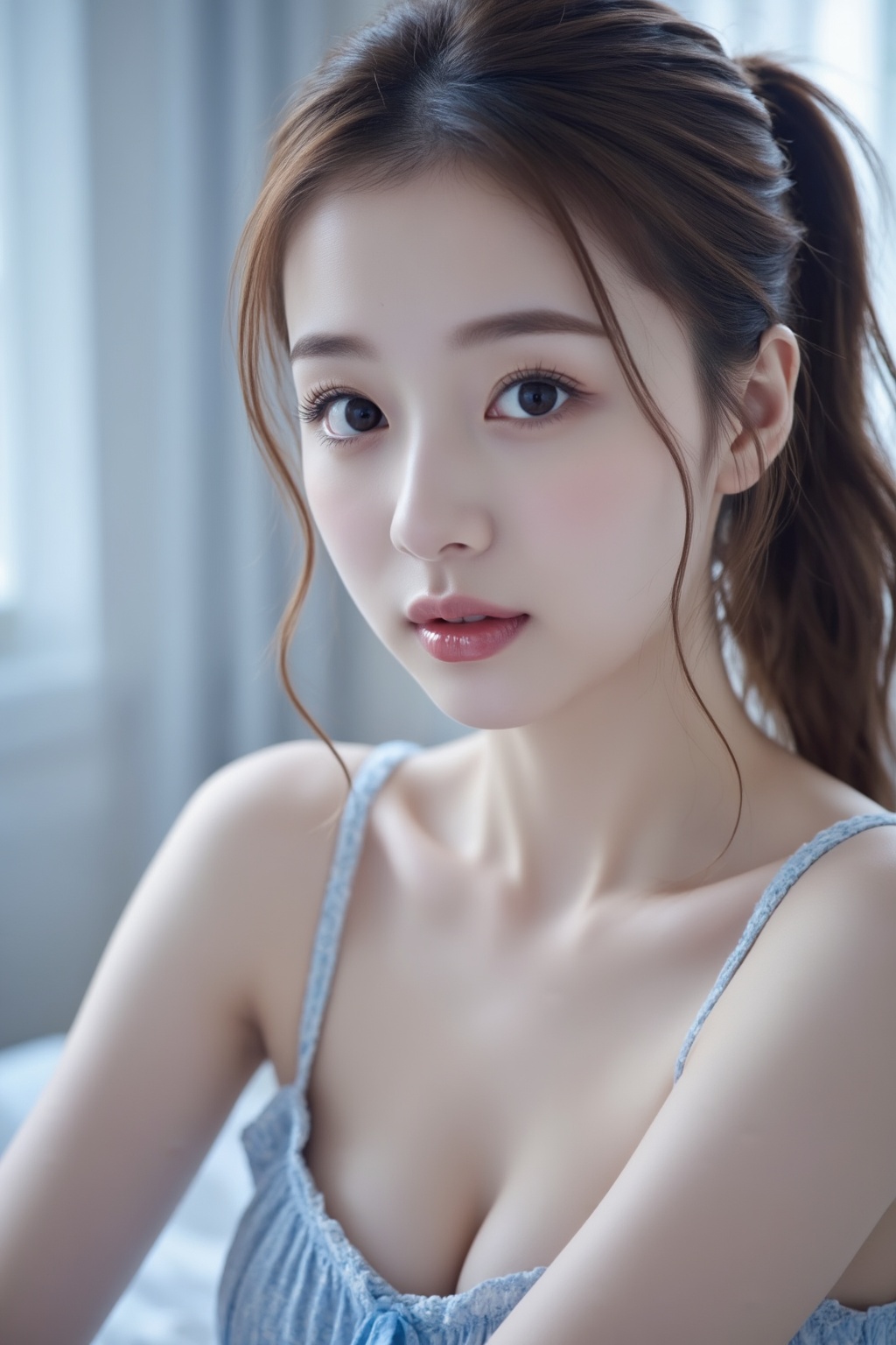 Create a vivid,  high-fidelity scene featuring a captivating Asian woman with a rim light,  long brown ponytail on Tensor.Art