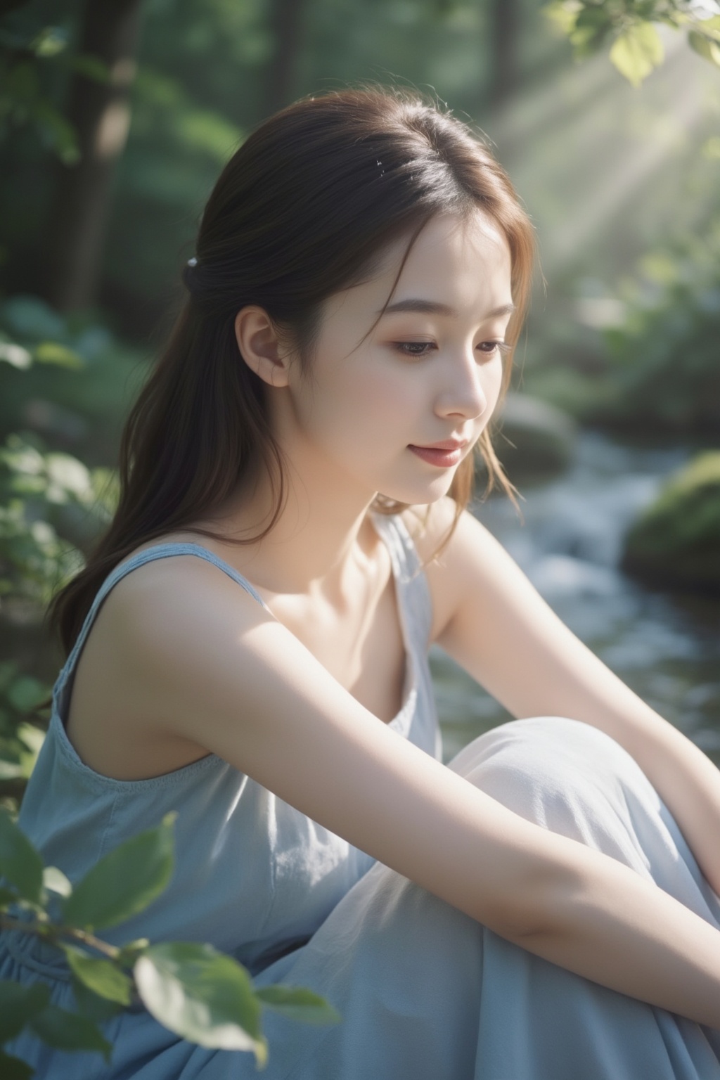 Create a contemplative scene featuring a young Asian woman,  bathed in soft,  diffused light that gently dances across her...